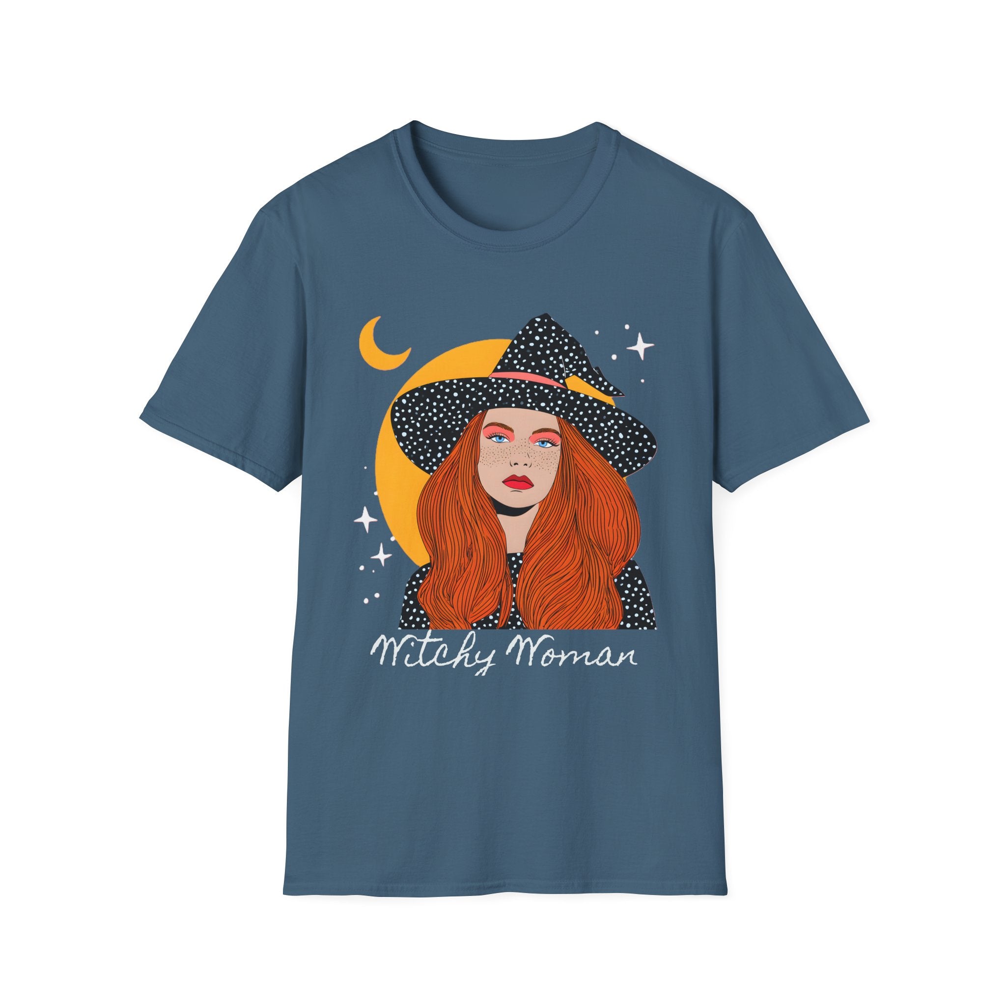 Redheaded Witch Illustration T-Shirt | Crescent Moon, Starry Hat, 'Witchy Woman'