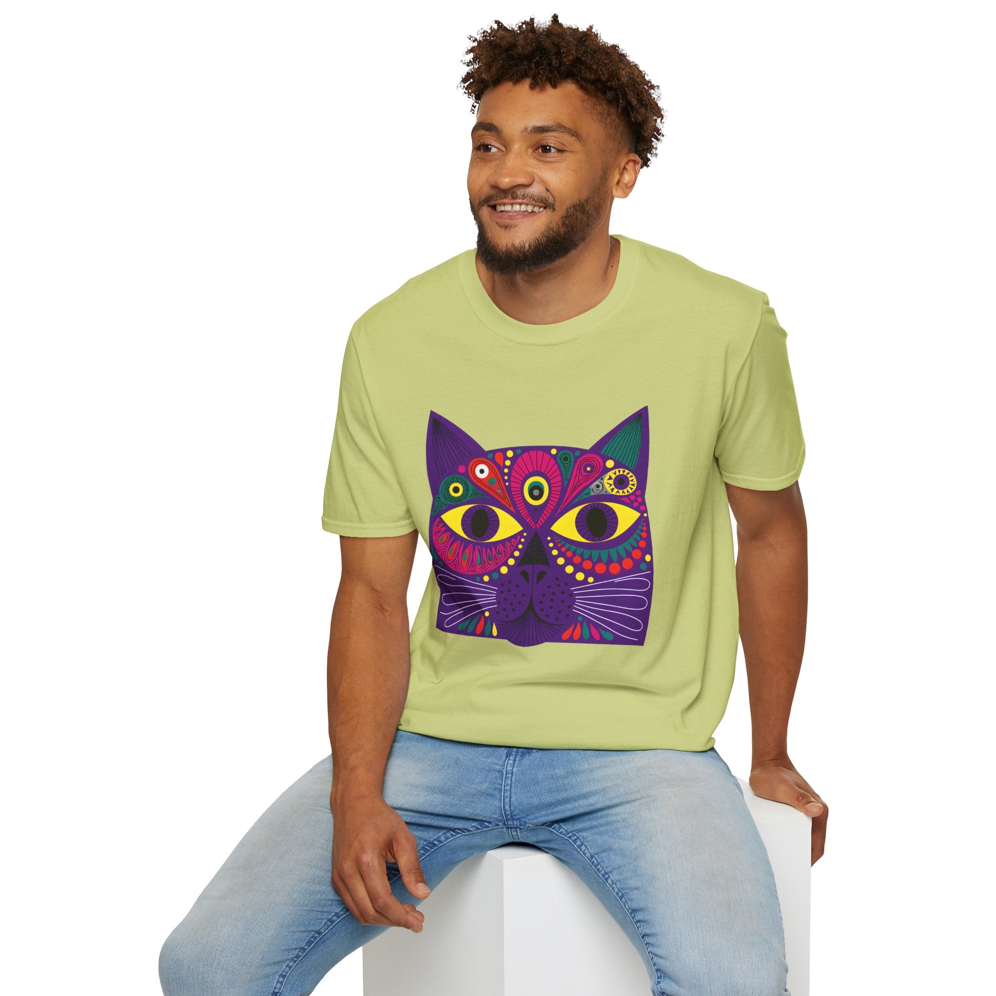 Psychedelic Colorful Cat Face T-Shirt | Vibrant Boho Cat Tee