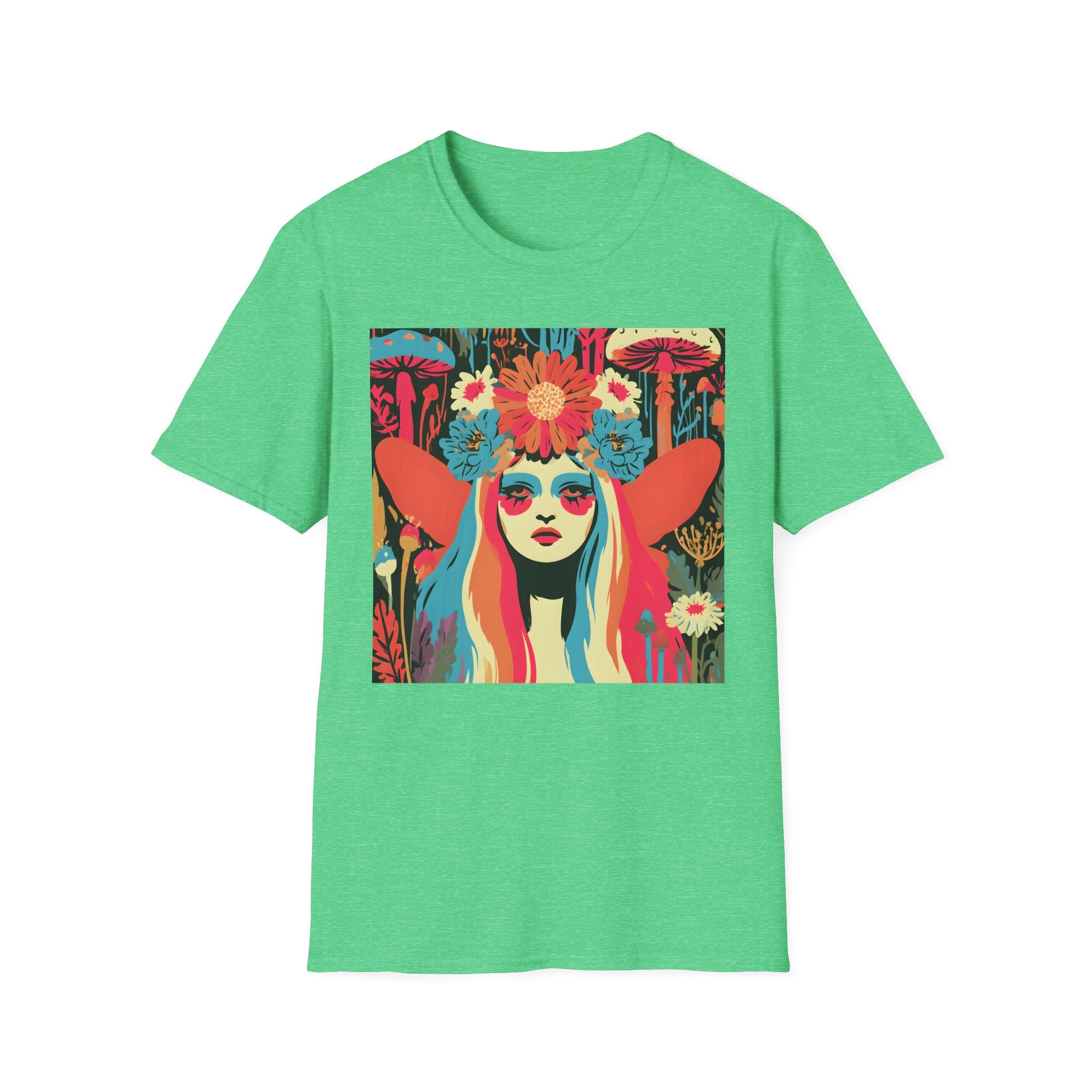 Flower Crown Psychedelic Fairy Girl T-Shirt | Retro Mushroom Art, Boho Portrait
