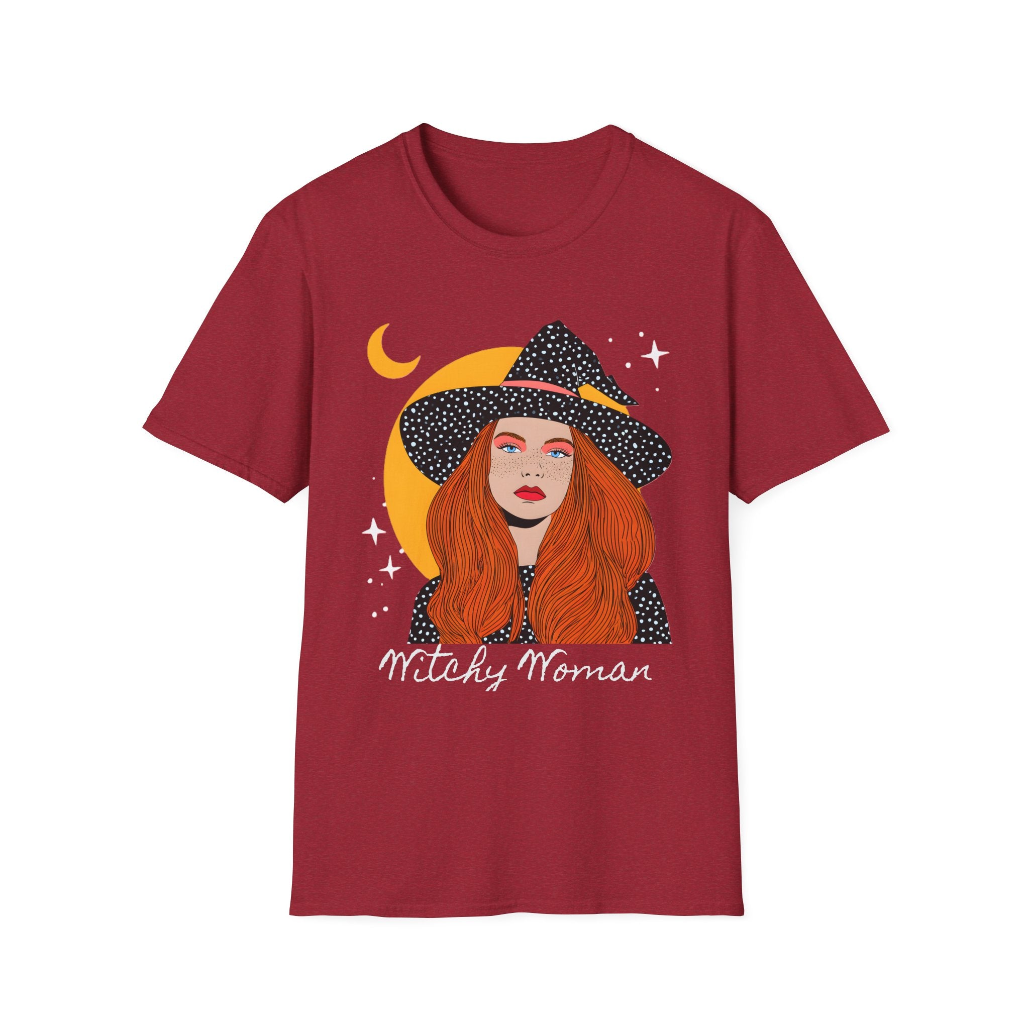 Redheaded Witch Illustration T-Shirt | Crescent Moon, Starry Hat, 'Witchy Woman'