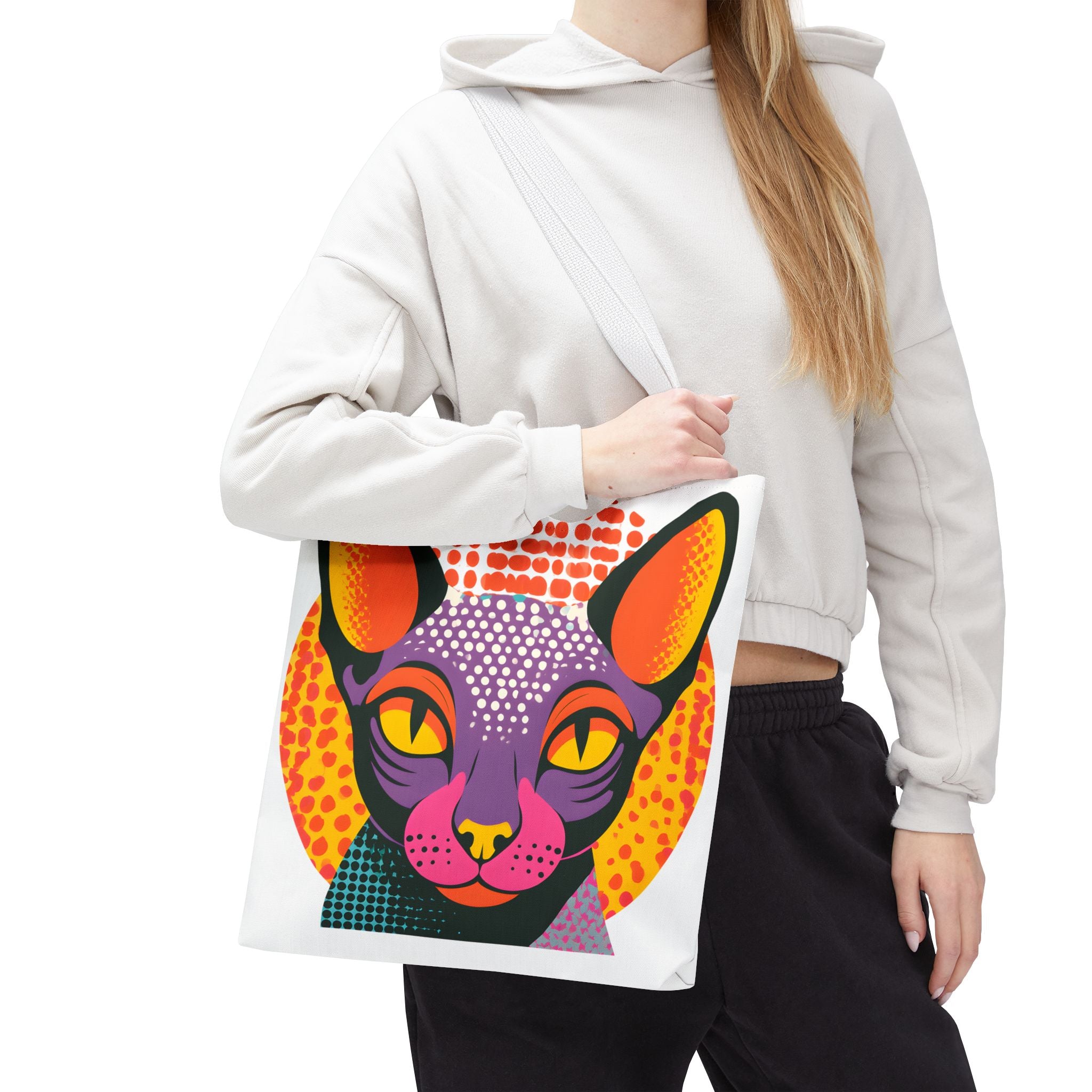 Colorful Pop Art Sphynx Cat Tote Bag | Vibrant Retro Cat Illustration