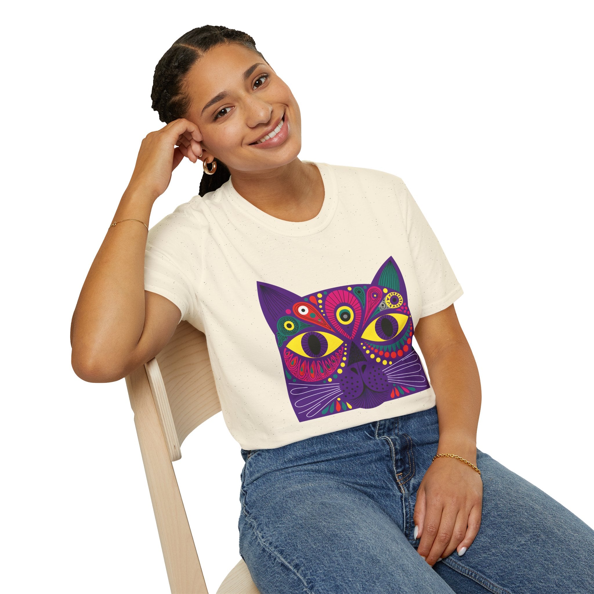 Psychedelic Colorful Cat Face T-Shirt | Vibrant Boho Cat Tee