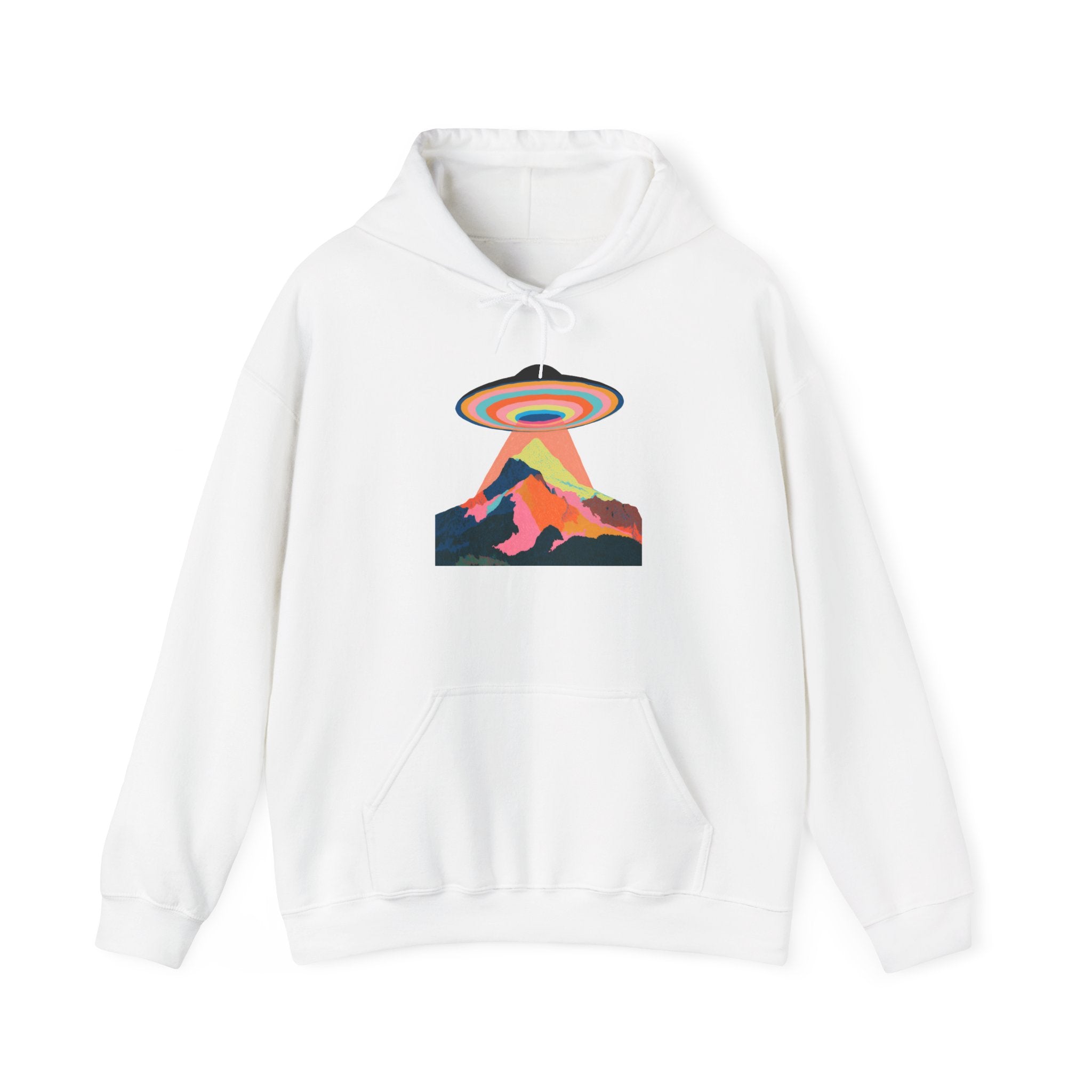 UFO Mountain Hoodie — Retro Rainbow Alien Abduction Graphic