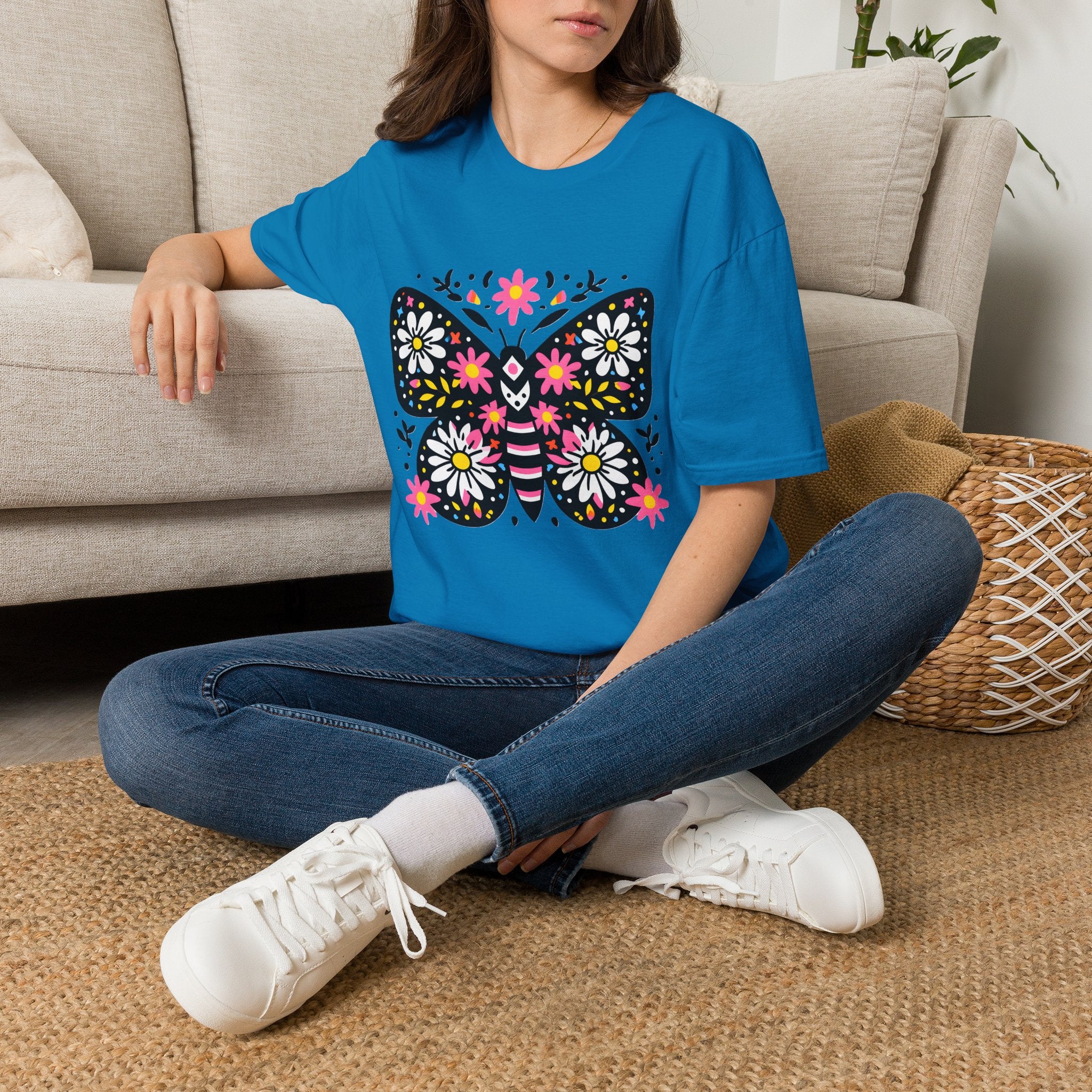 Floral Folk Art Butterfly T-Shirt | Daisy & Pink Flower Design