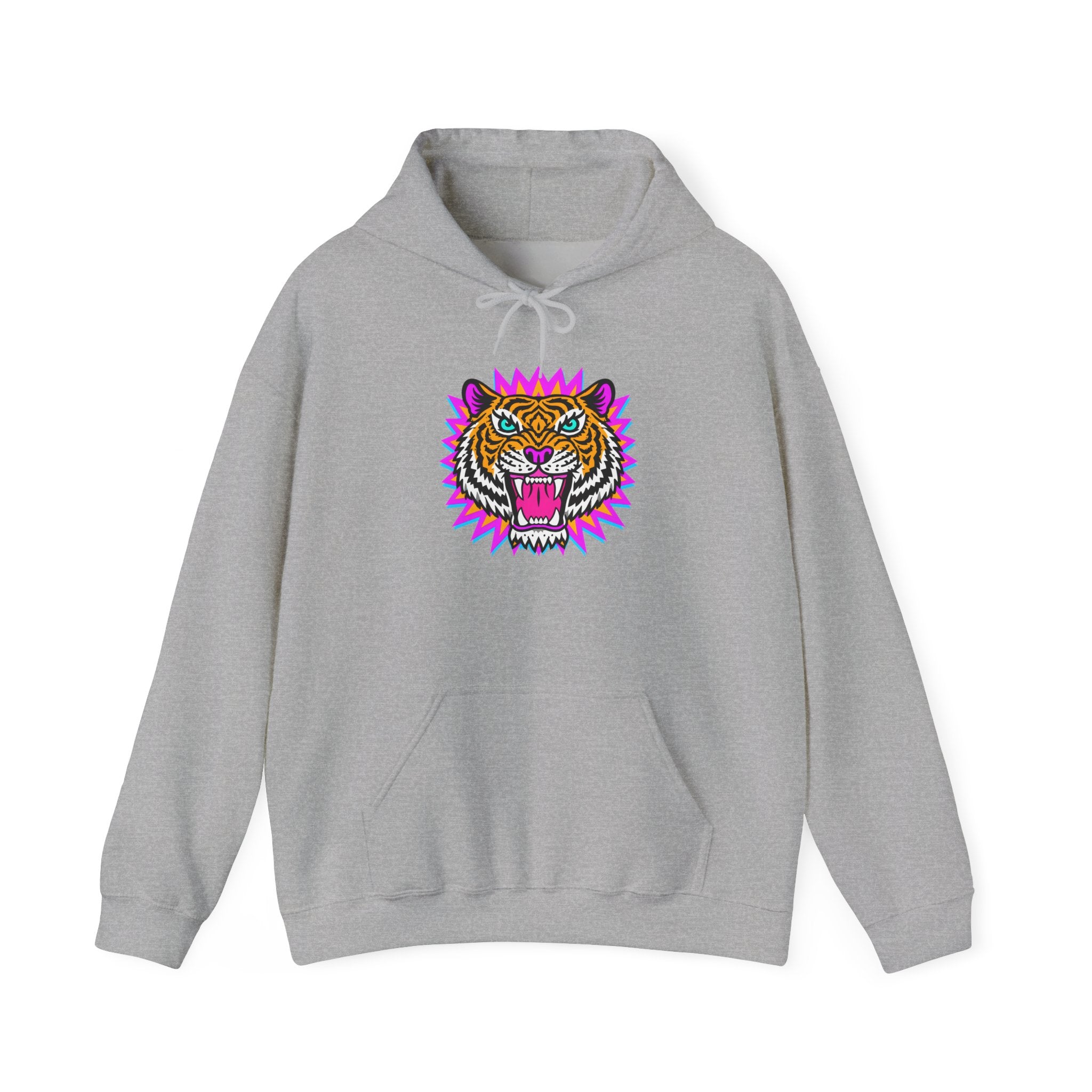 Neon Roaring Tiger Hoodie — Retro Vibrant Tiger Head Graphic