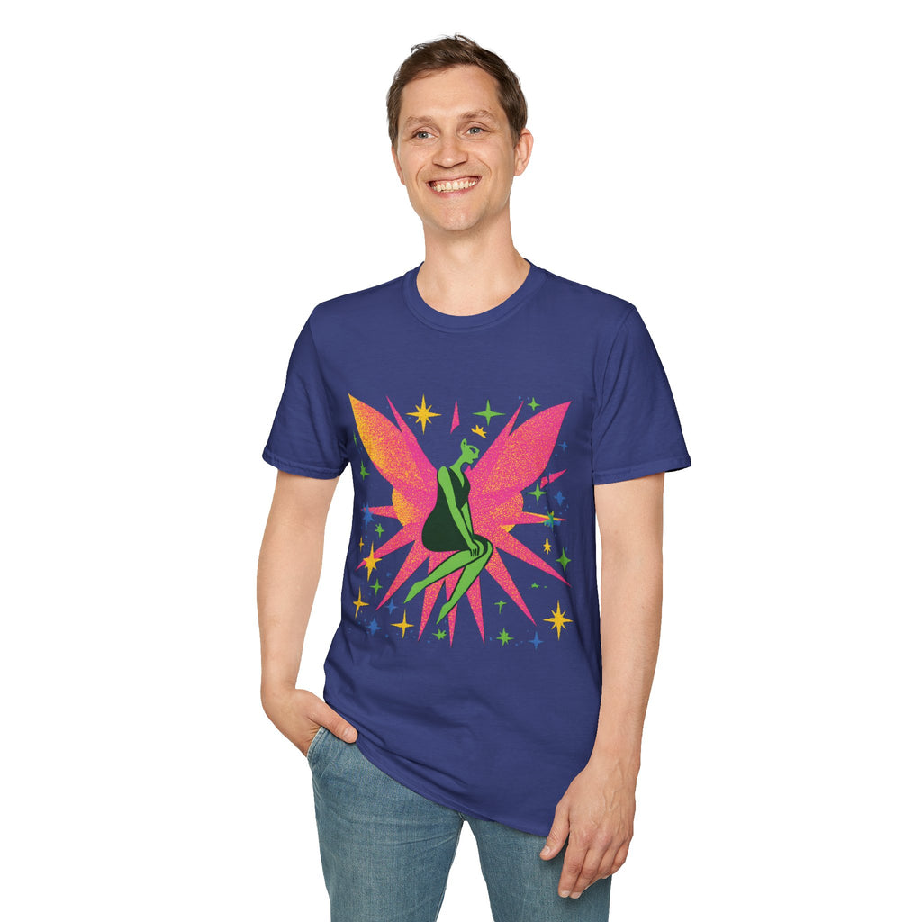 Neon Fairy Silhouette T-Shirt | Pink Wings, Green Figure, Sparkle Stars