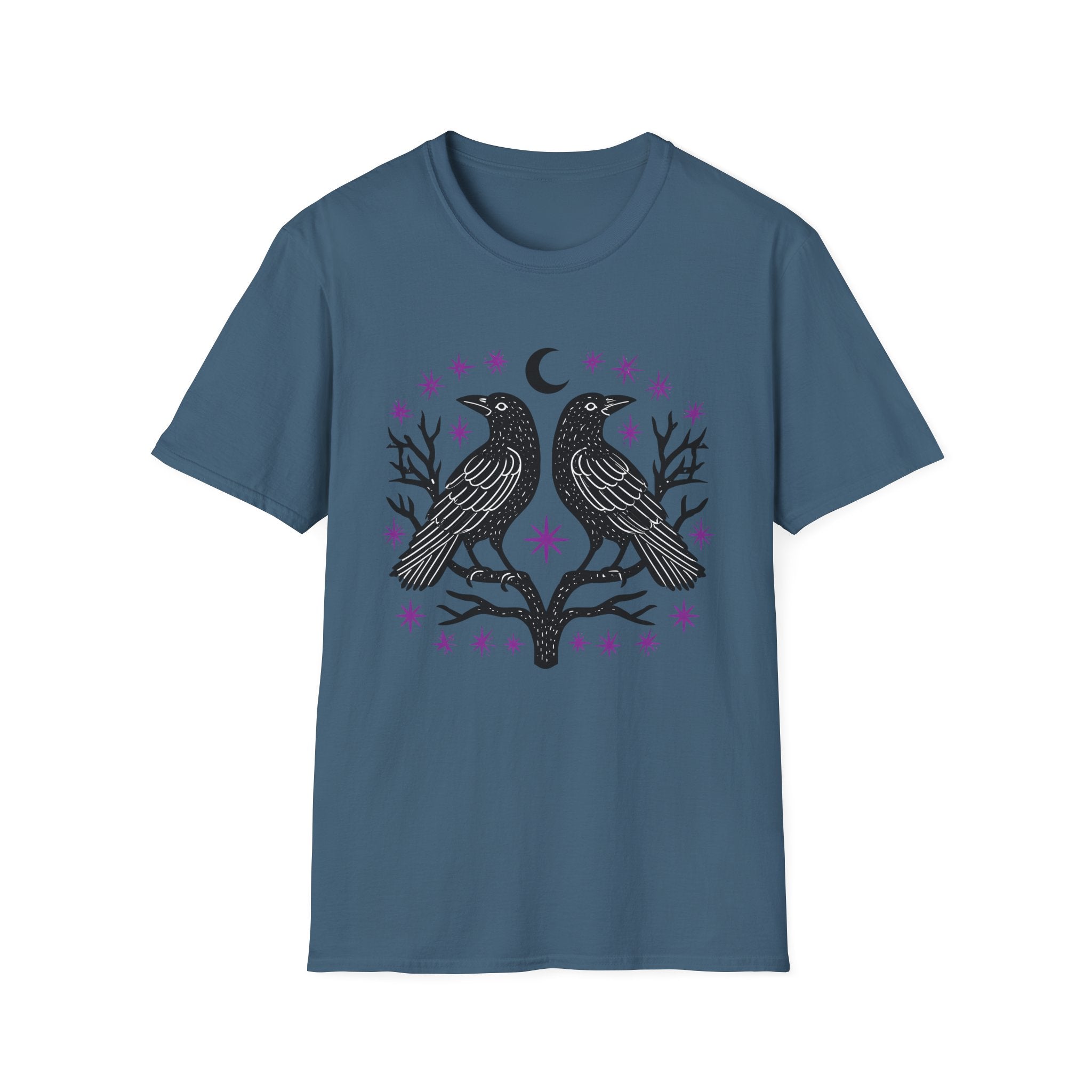 Twin Ravens Moon T-Shirt | Gothic Crescent Crow Illustration