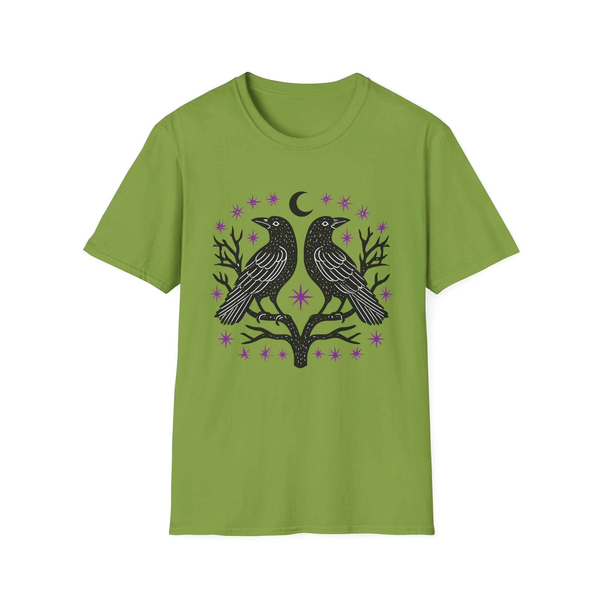 Twin Ravens Moon T-Shirt | Gothic Crescent Crow Illustration
