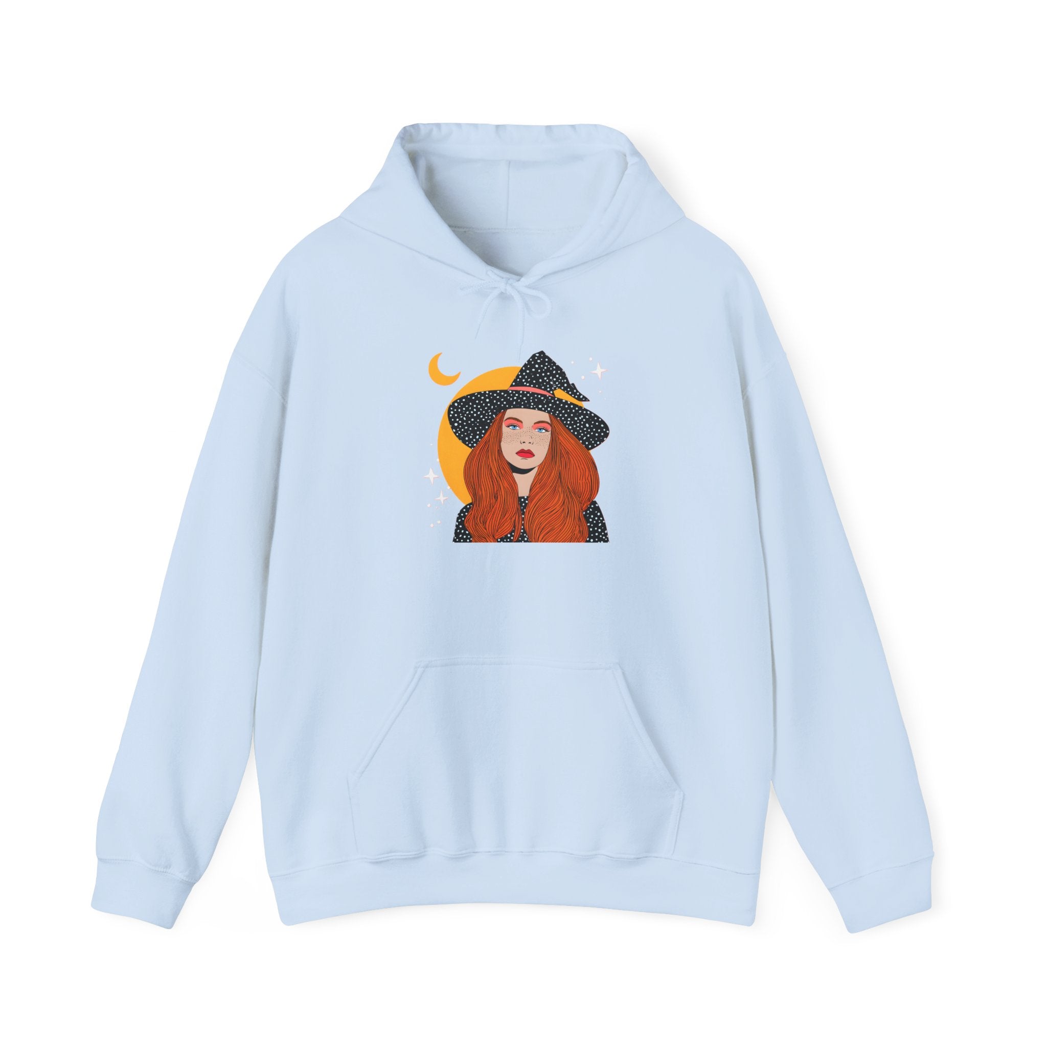 Witchy Redhead Hoodie — Crescent Moon Witch Graphic Sweatshirt