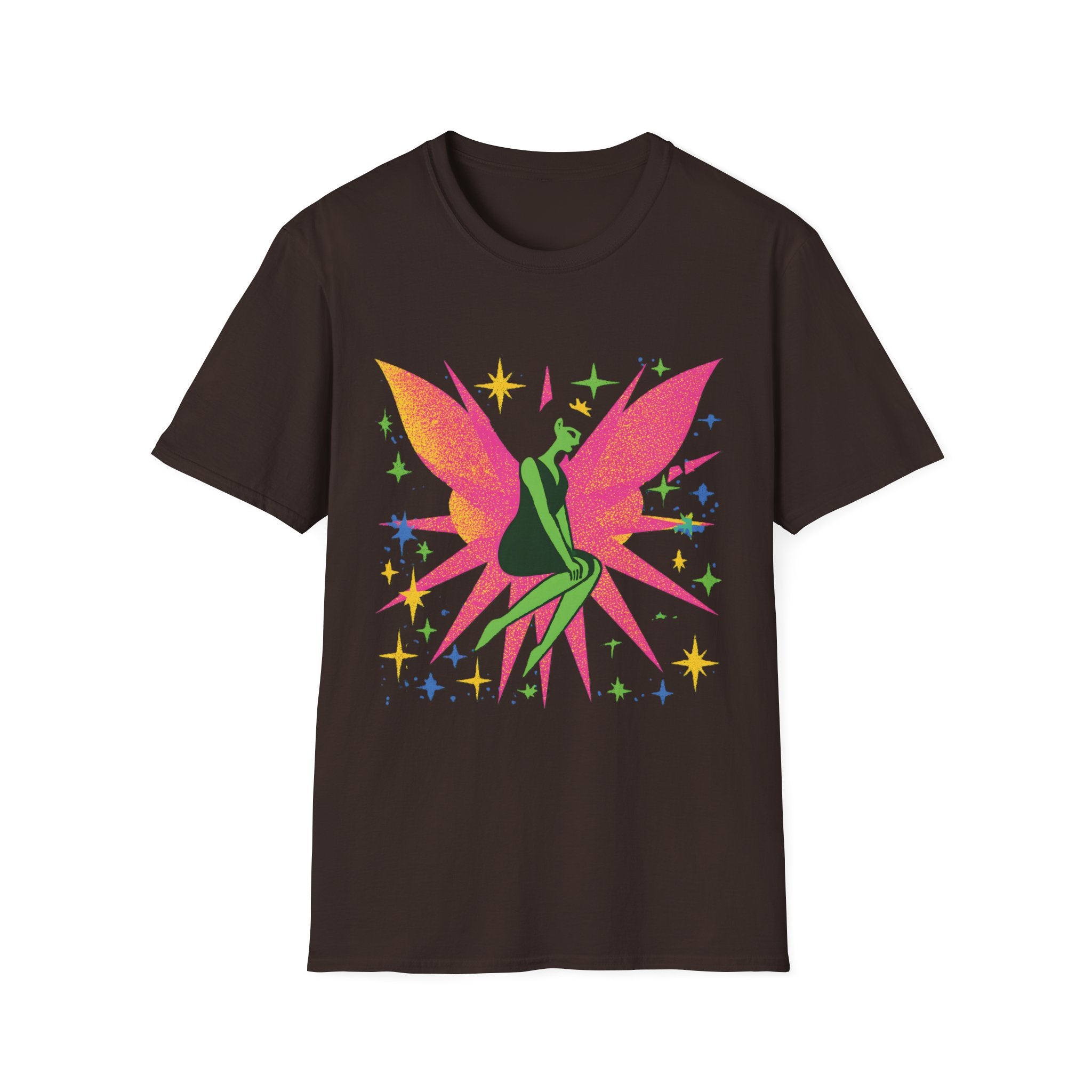 Neon Fairy Silhouette T-Shirt | Pink Wings, Green Figure, Sparkle Stars