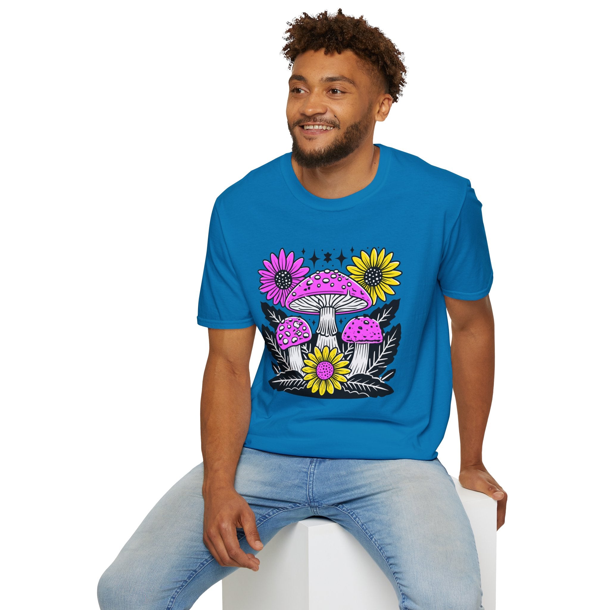 Pink Psychedelic Mushroom T-Shirt | Sunflower Graphic, Retro Mushroom Art