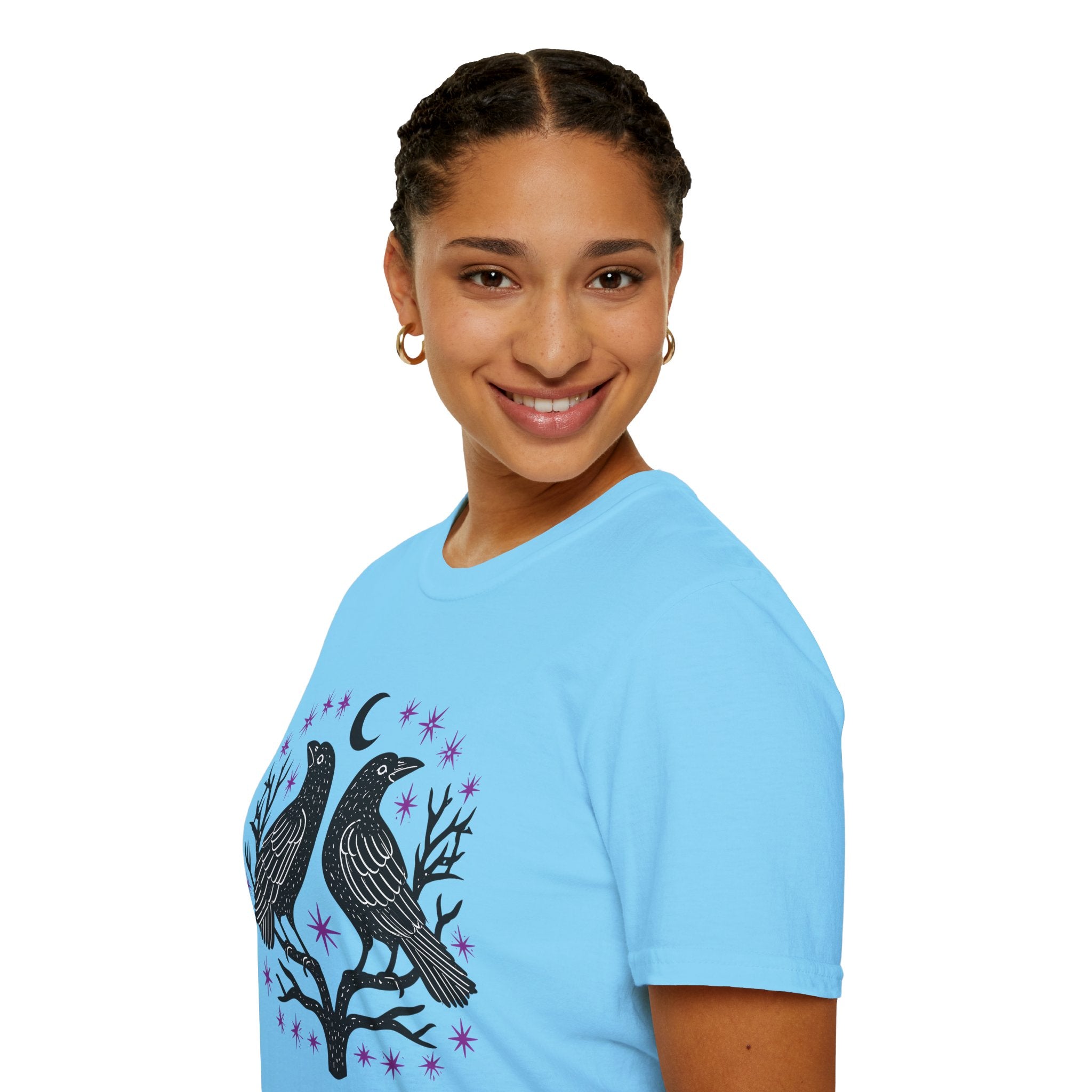 Twin Ravens Moon T-Shirt | Gothic Crescent Crow Illustration