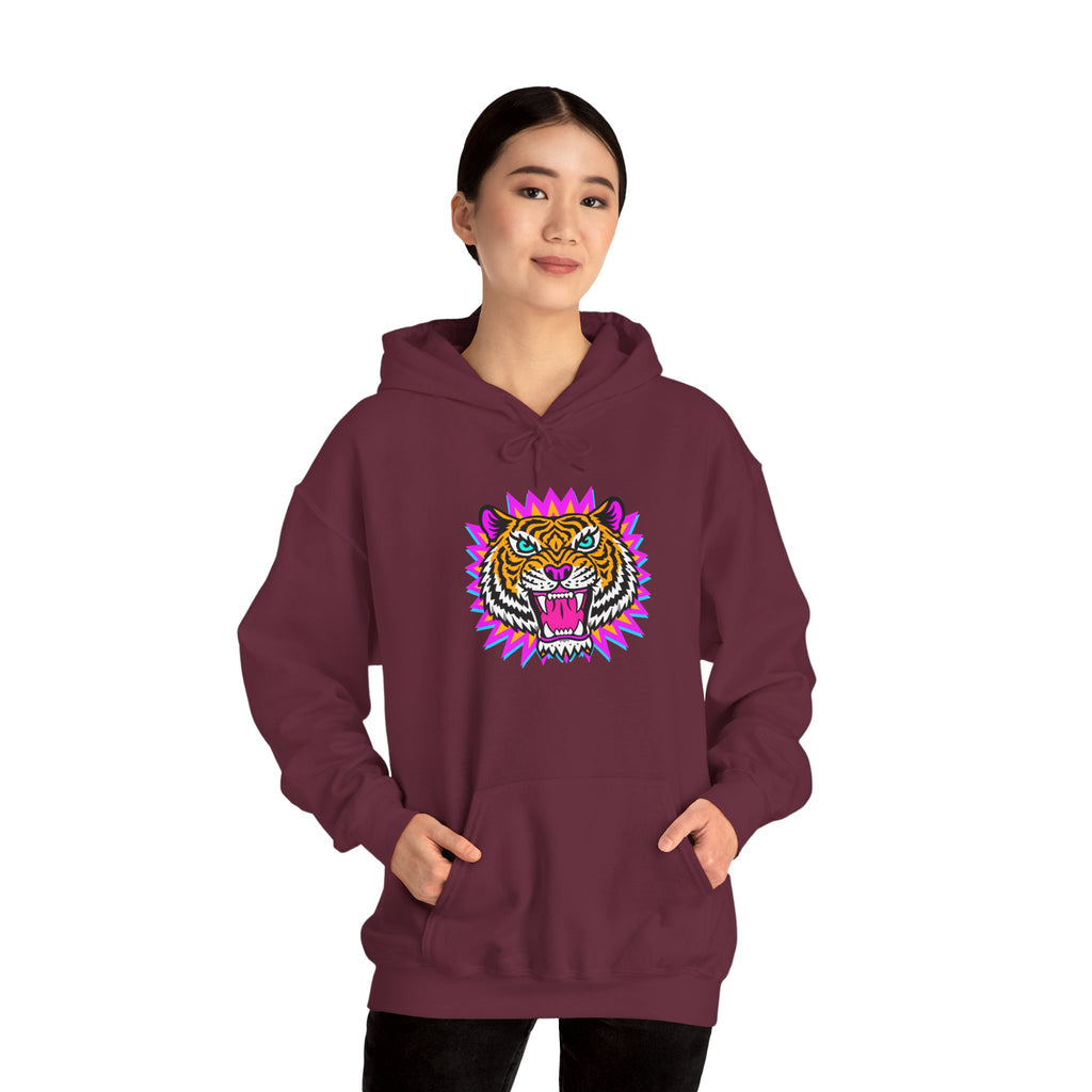 Neon Roaring Tiger Hoodie — Retro Vibrant Tiger Head Graphic