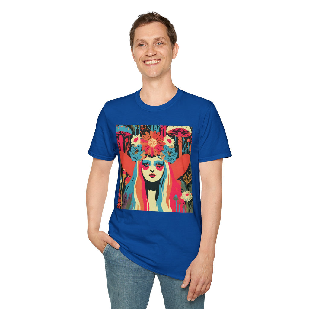 Flower Crown Psychedelic Fairy Girl T-Shirt | Retro Mushroom Art, Boho Portrait