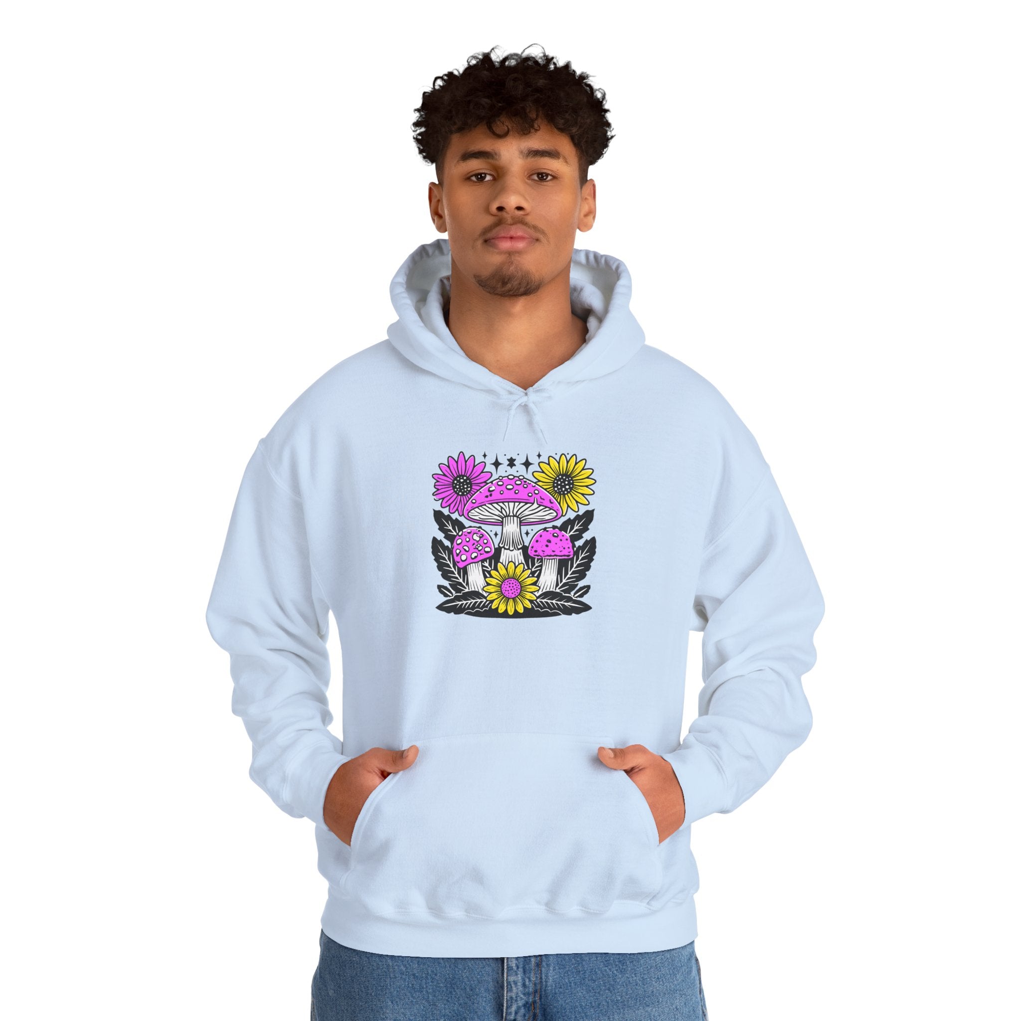 Psychedelic Mushroom Hoodie — Pink & Yellow Floral Shroom Design