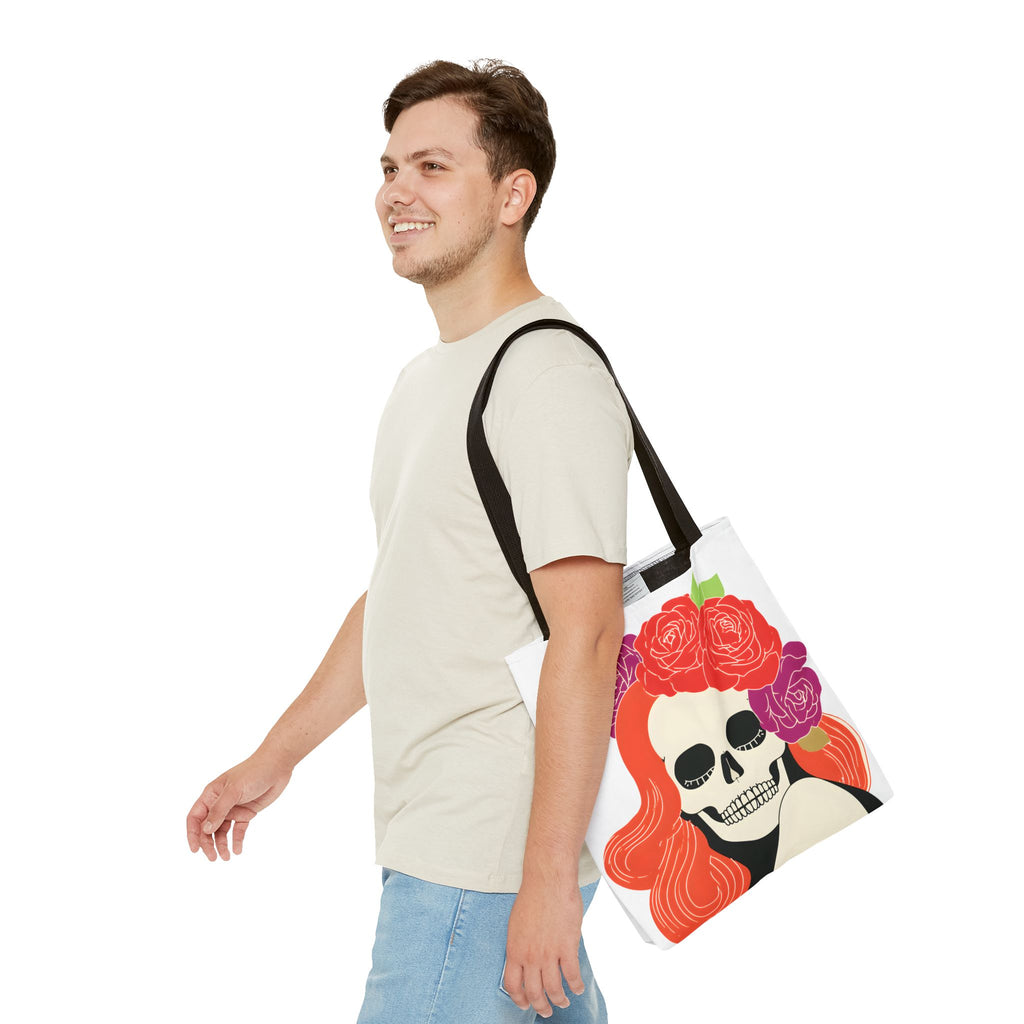 Floral Skull with Red Hair Tote Bag | Day of the Dead Illustration
