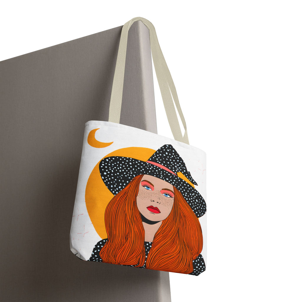 Redheaded Witch Illustration Tote Bag | Crescent Moon, Polka Dot Hat