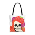 Floral Skull with Red Hair Tote Bag | Day of the Dead Illustration