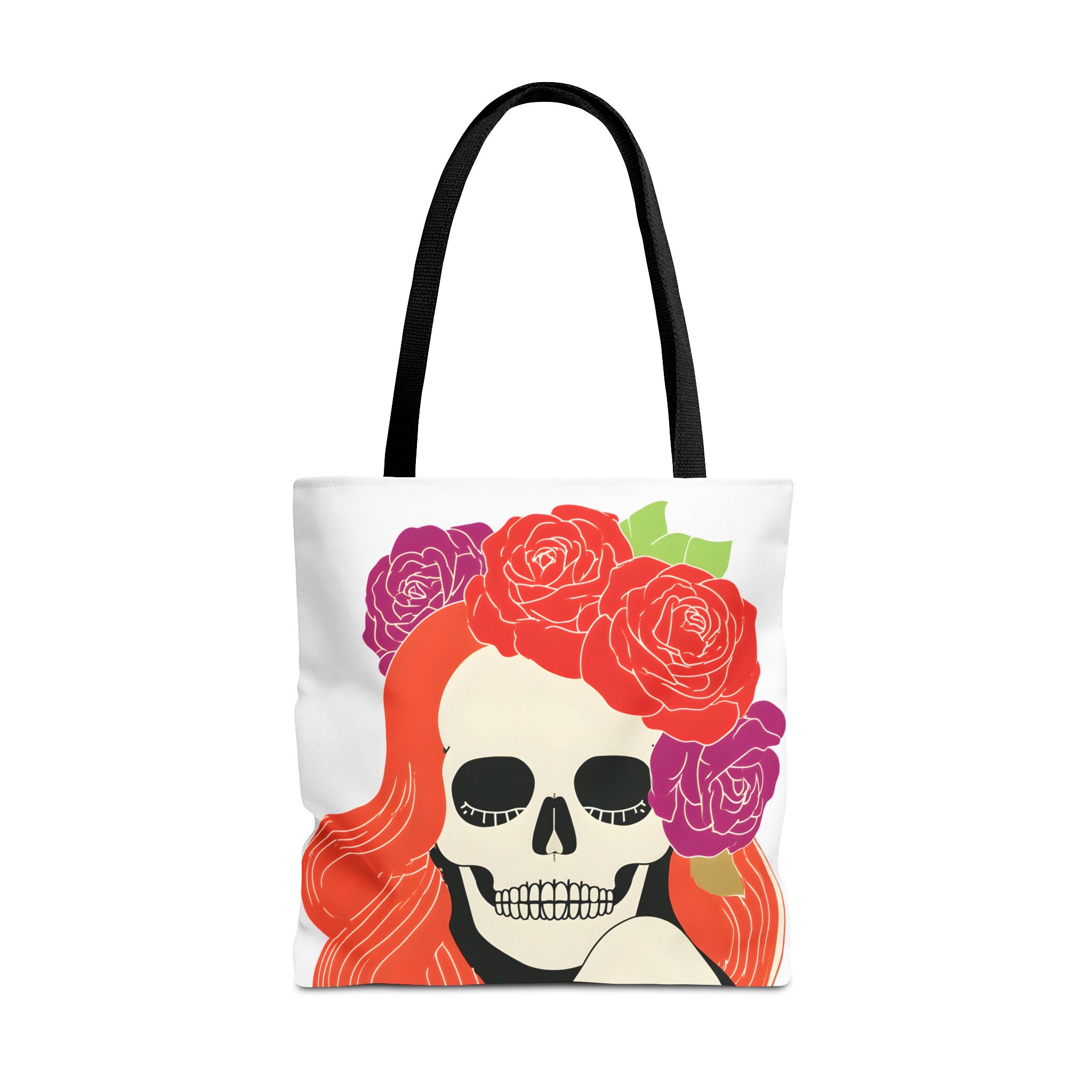 Floral Skull with Red Hair Tote Bag | Day of the Dead Illustration