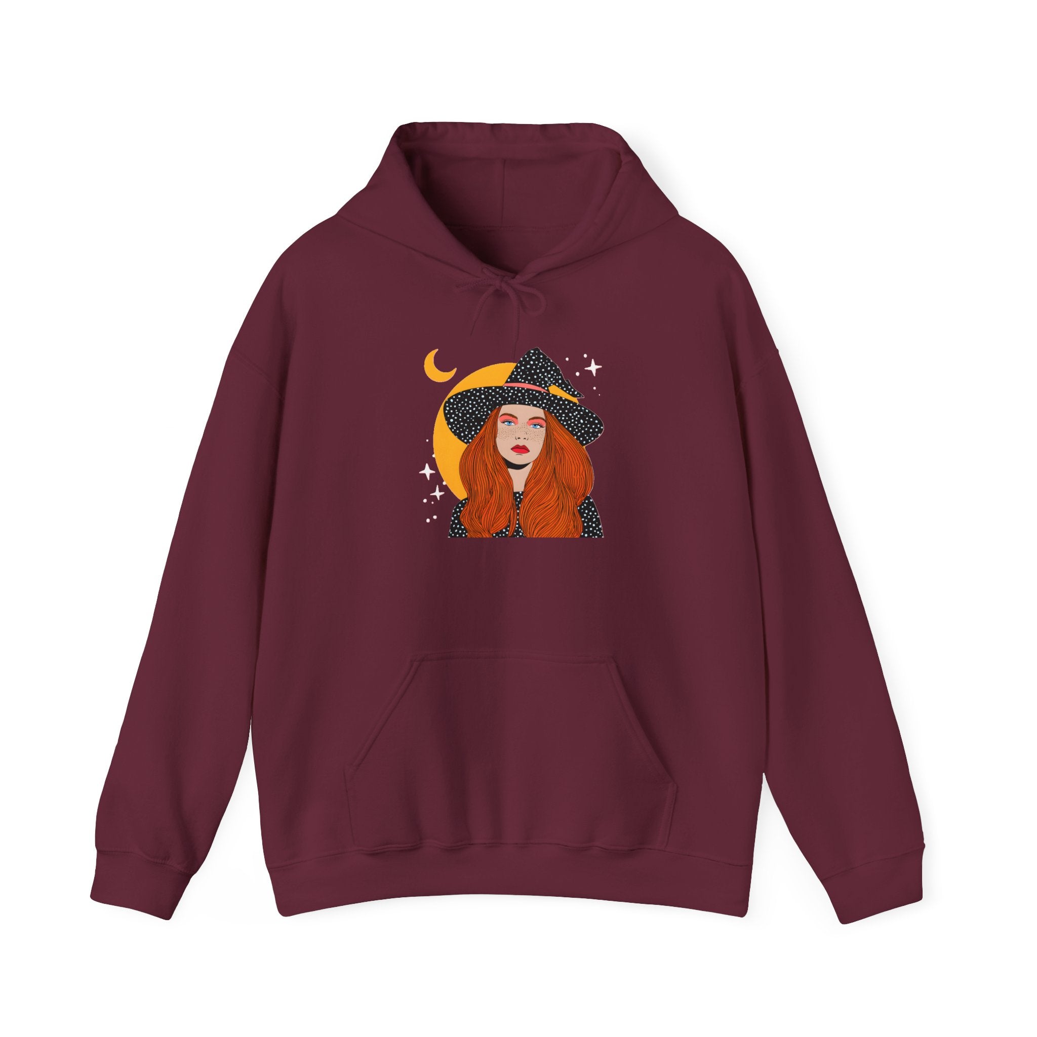 Witchy Redhead Hoodie — Crescent Moon Witch Graphic Sweatshirt