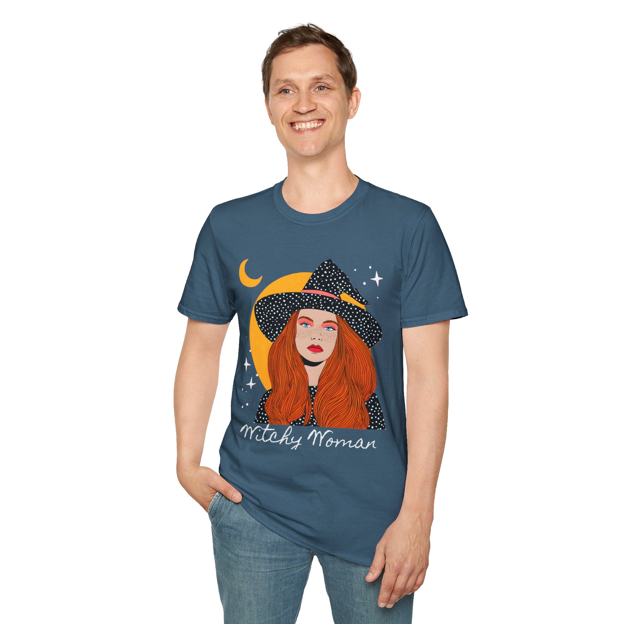 Redheaded Witch Illustration T-Shirt | Crescent Moon, Starry Hat, 'Witchy Woman'