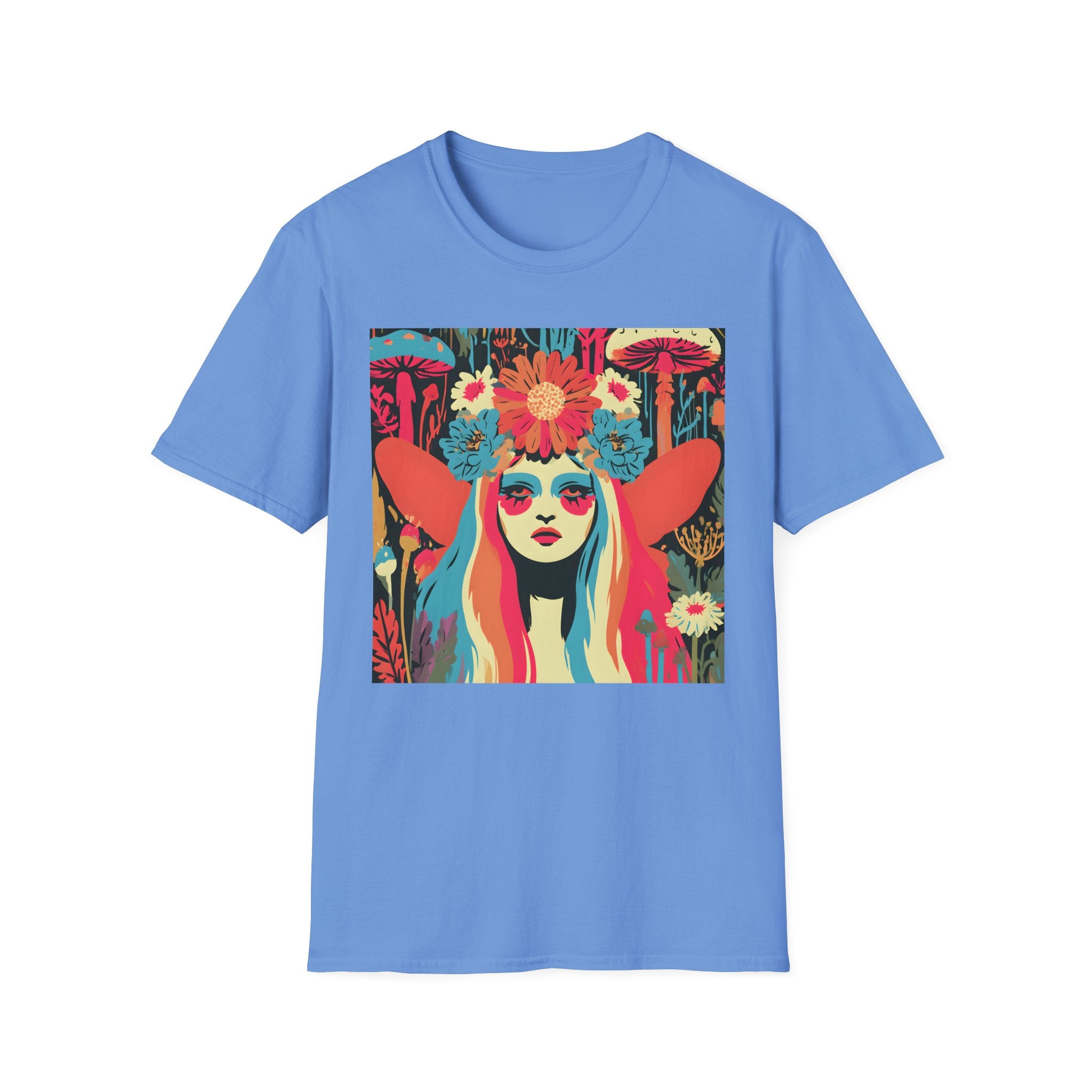 Flower Crown Psychedelic Fairy Girl T-Shirt | Retro Mushroom Art, Boho Portrait