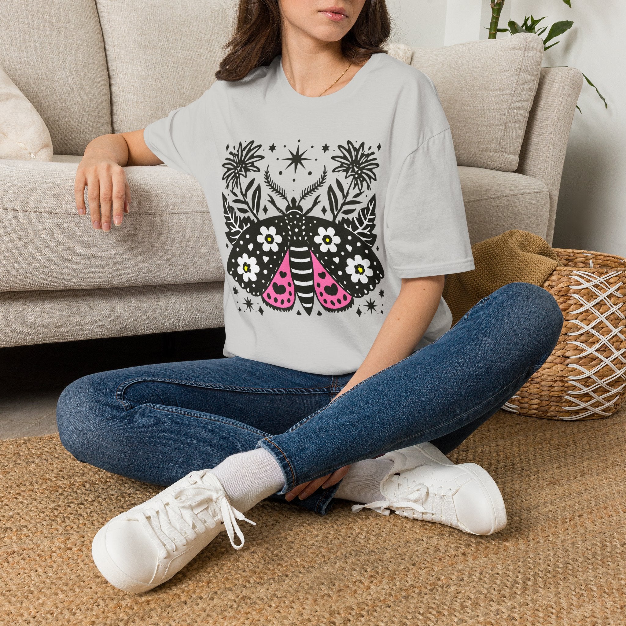 Floral Moth Shirt | Botanical Moth T-Shirt, Night Sky Floral Graphic