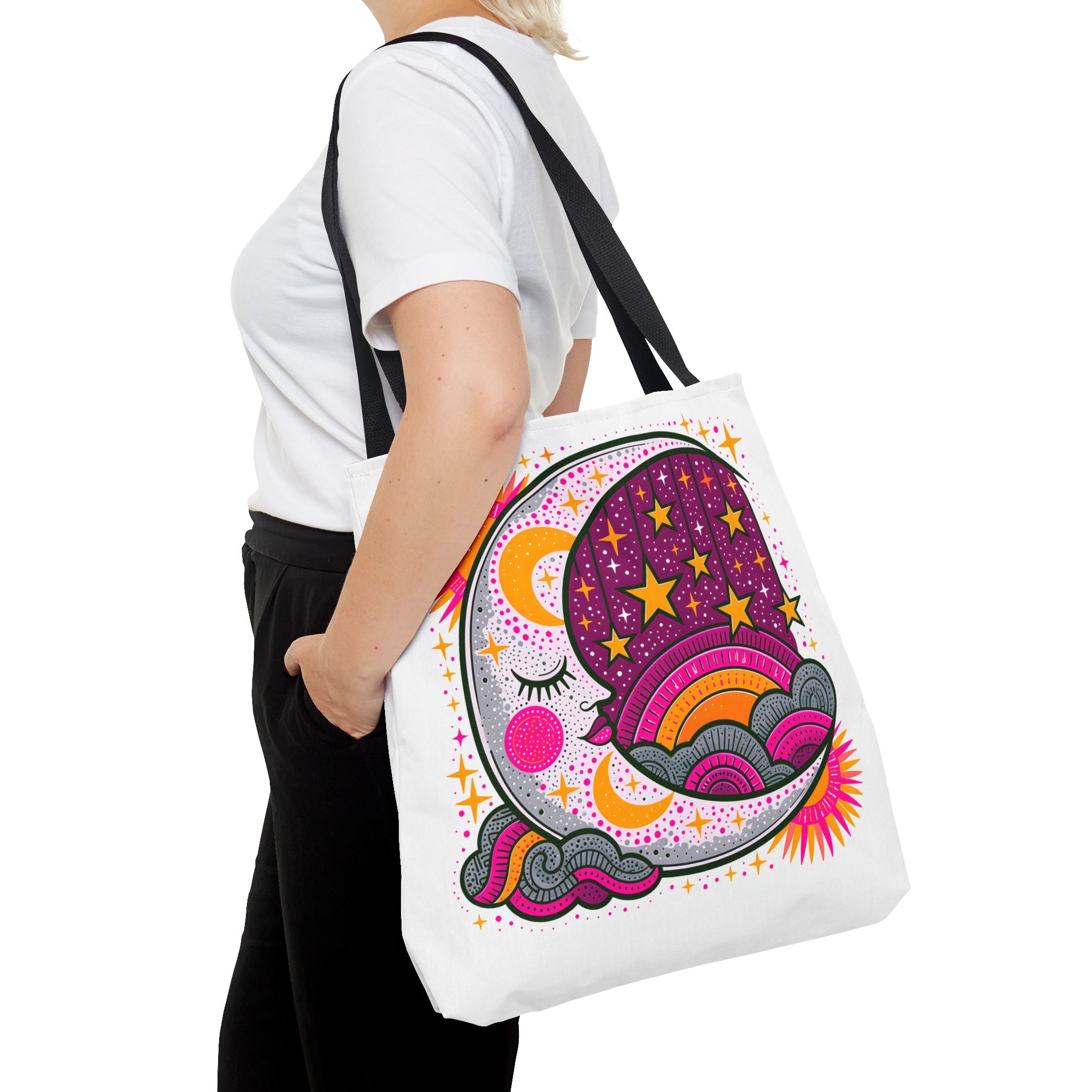 Psychedelic Moon and Stars Tote Bag | Colorful Retro Celestial Design