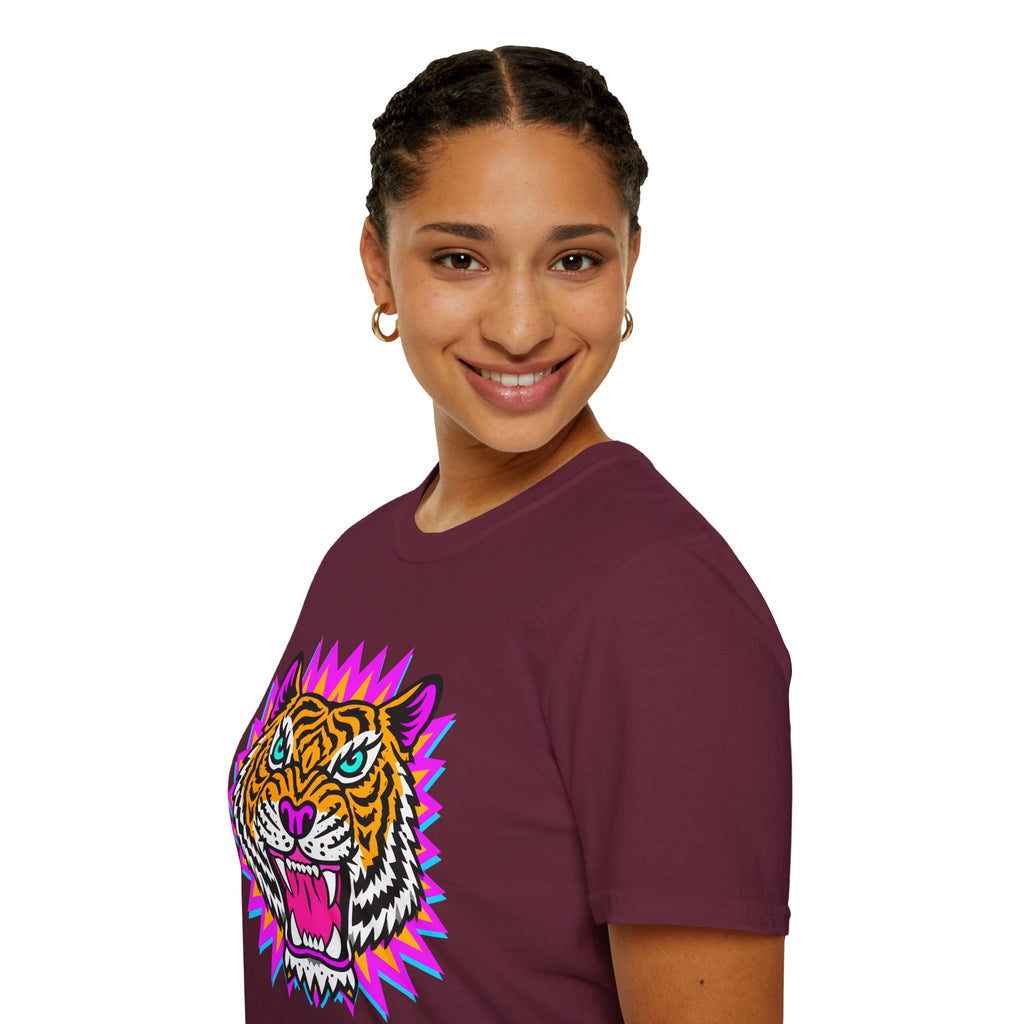 Neon Pop Tiger Head T-Shirt | Retro Tribal Cat Tee