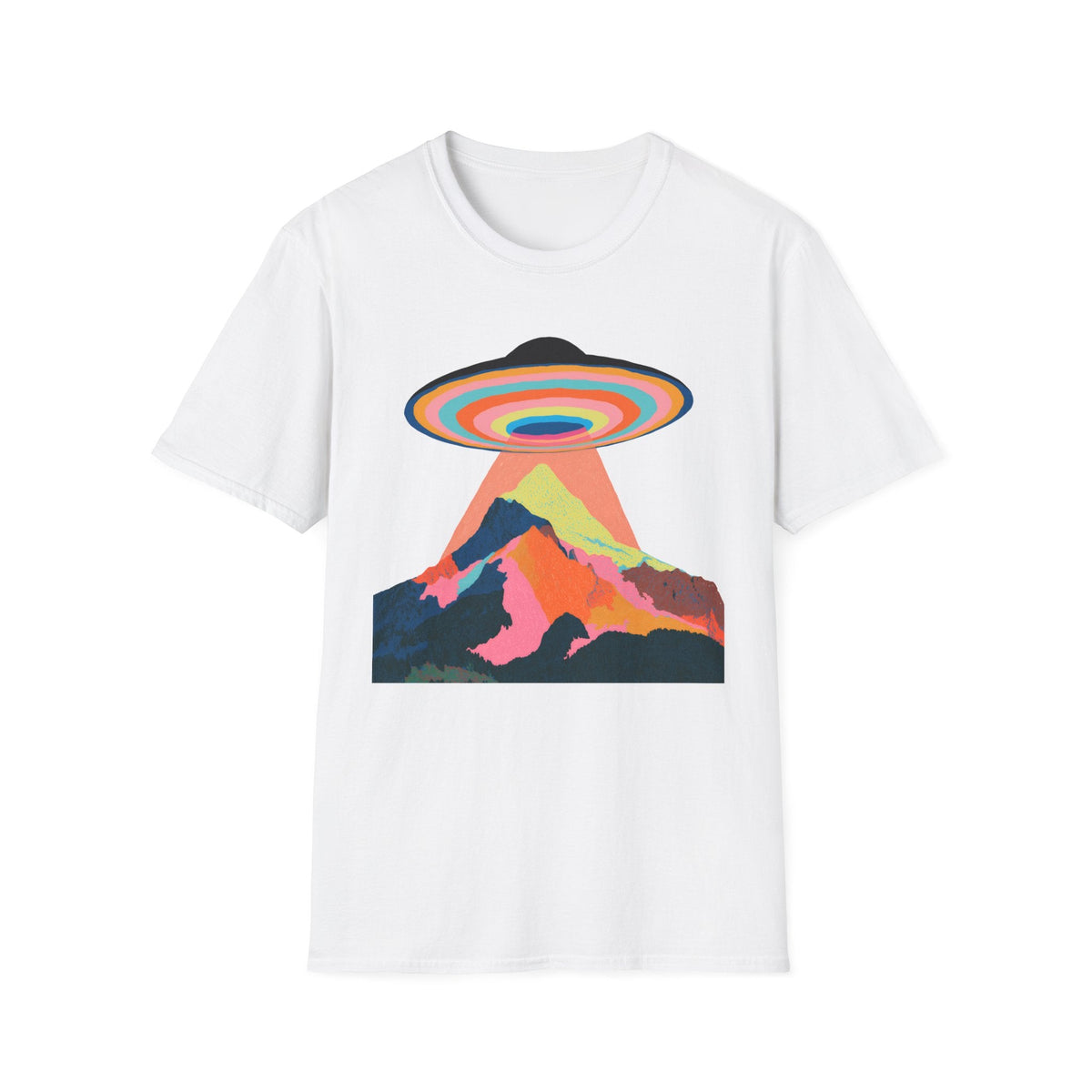 Psychedelic UFO Mountain T-Shirt — Retro Rainbow Alien Abduction Tee Printify