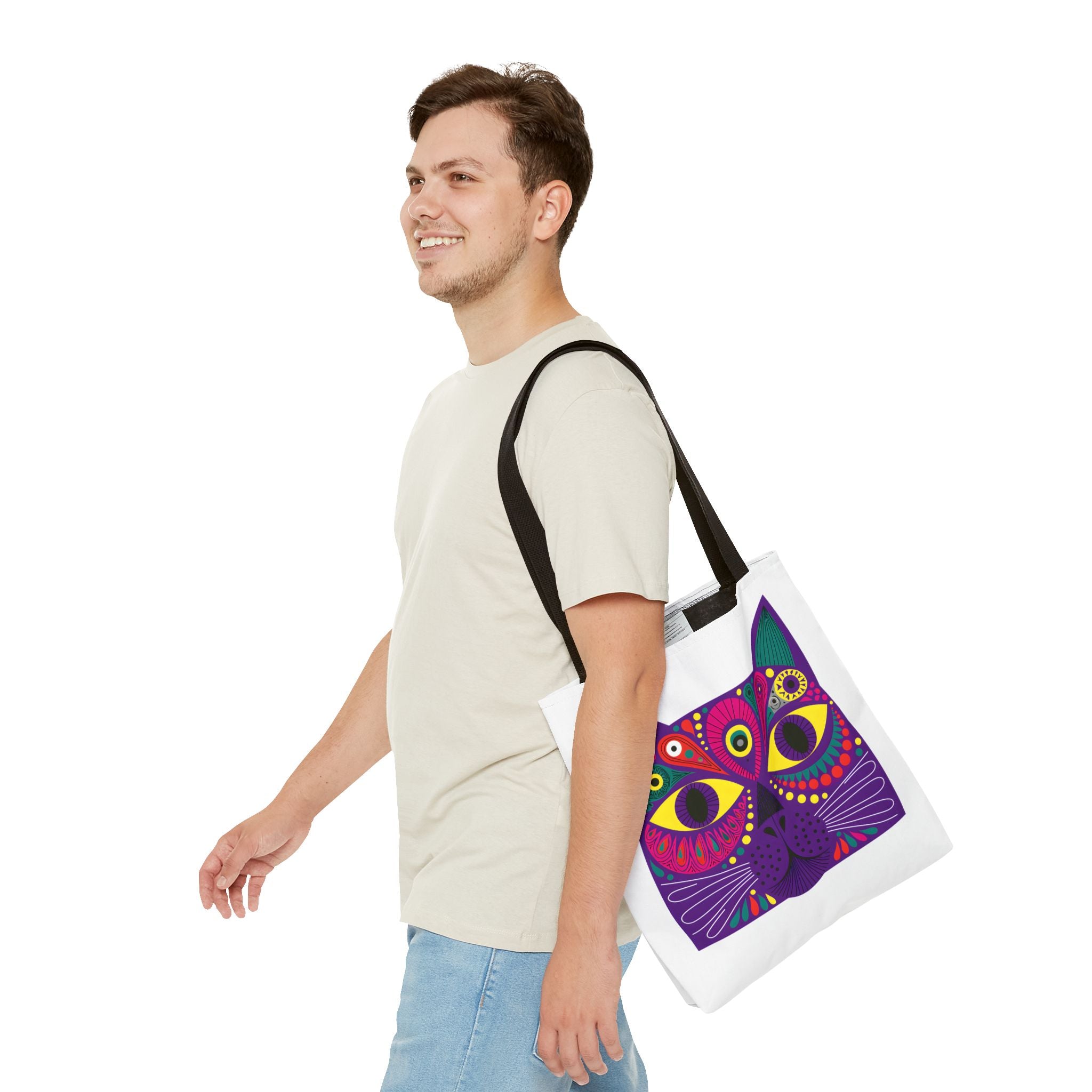 Psychedelic Purple Cat Tote Bag | Colorful Boho Animal Face
