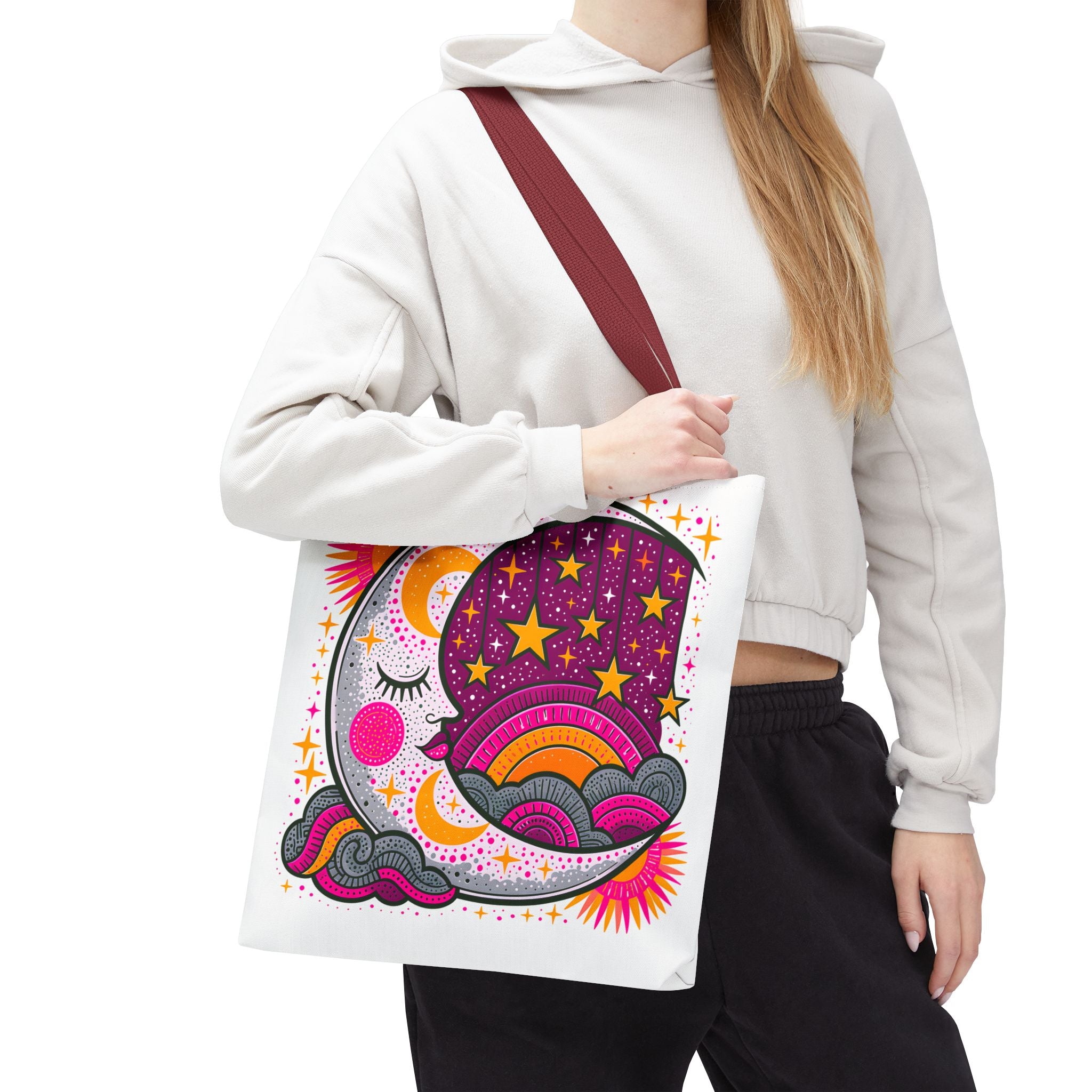 Psychedelic Moon and Stars Tote Bag | Colorful Retro Celestial Design