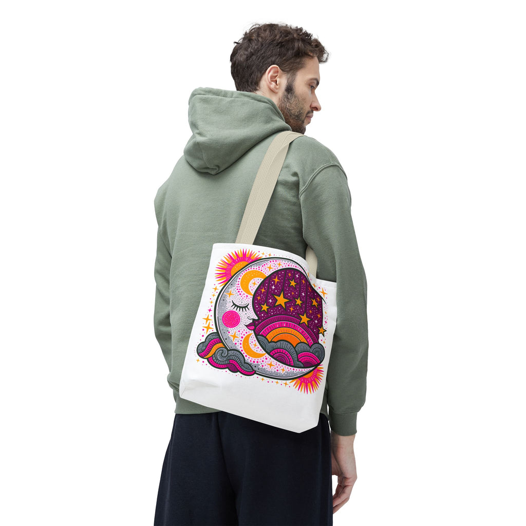 Psychedelic Moon and Stars Tote Bag | Colorful Retro Celestial Design