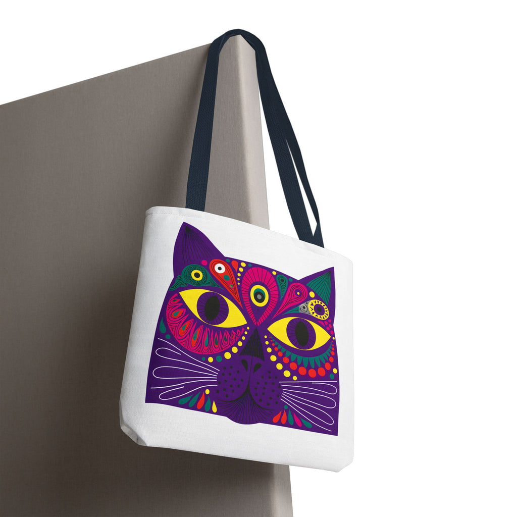 Psychedelic Purple Cat Tote Bag | Colorful Boho Animal Face