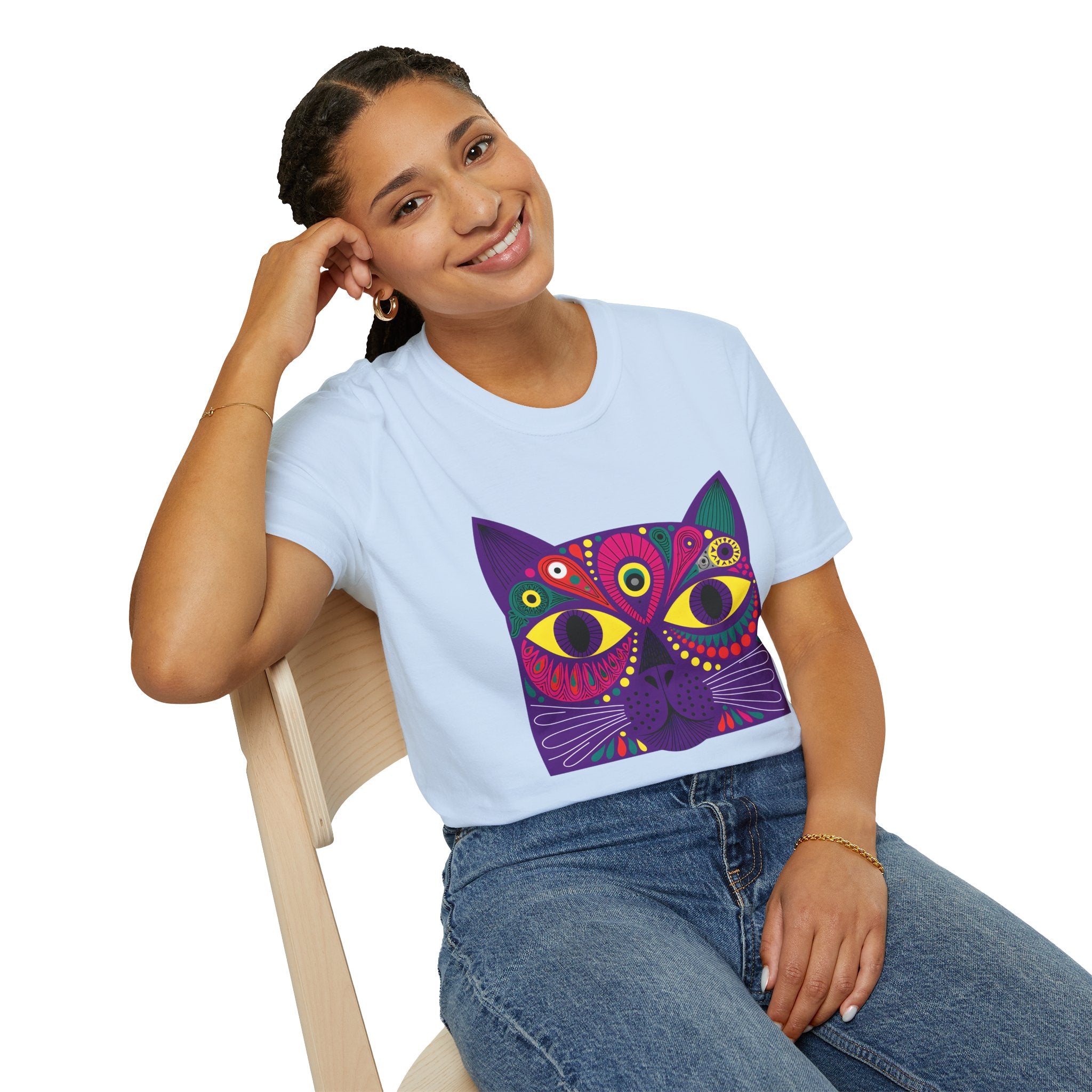 Psychedelic Colorful Cat Face T-Shirt | Vibrant Boho Cat Tee