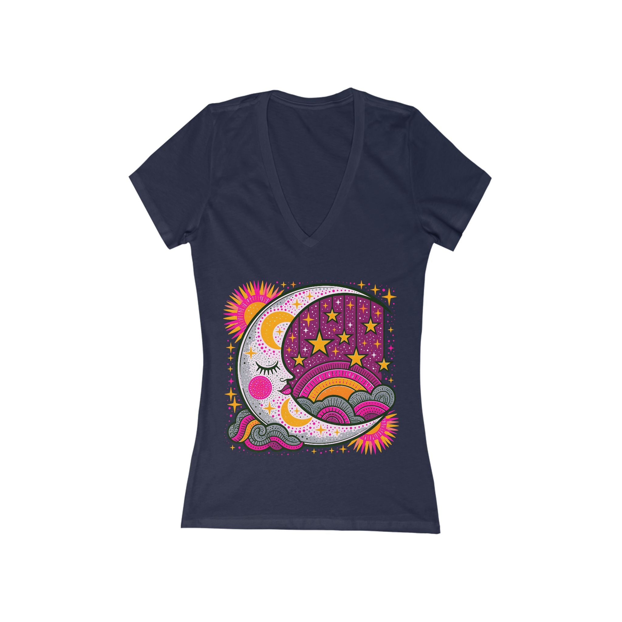 Sleeping Moon and Stars V-Neck Tee | Celestial Night Graphic