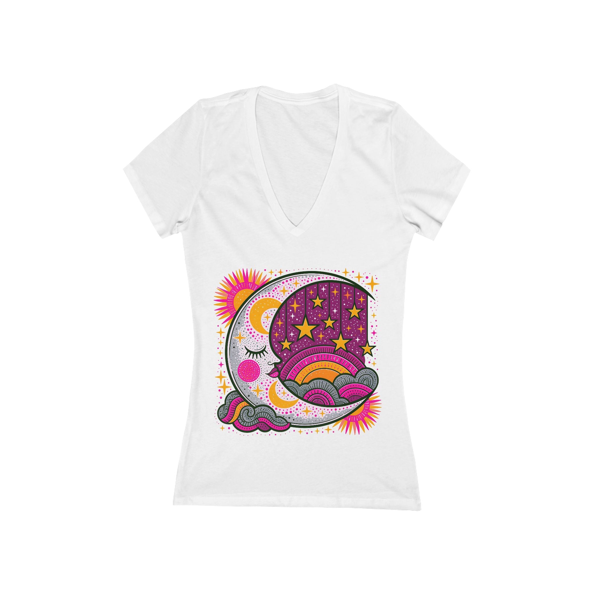 Sleeping Moon and Stars V-Neck Tee | Celestial Night Graphic