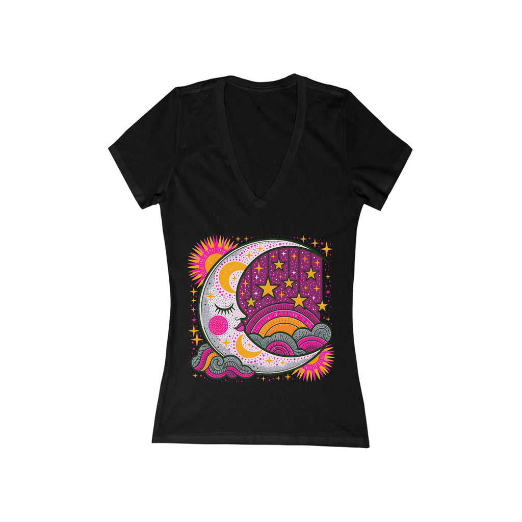 Sleeping Moon and Stars V-Neck Tee | Celestial Night Graphic