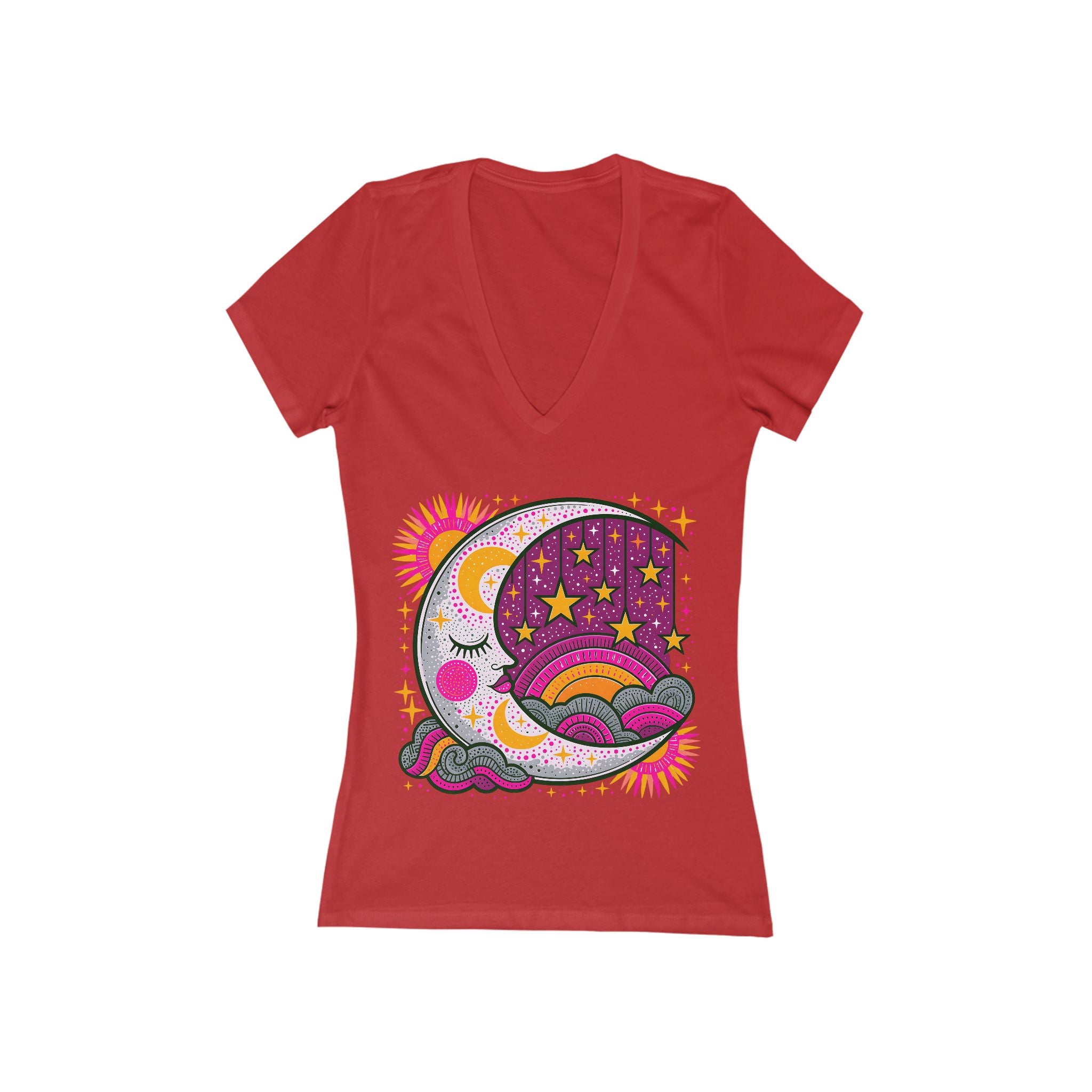 Sleeping Moon and Stars V-Neck Tee | Celestial Night Graphic