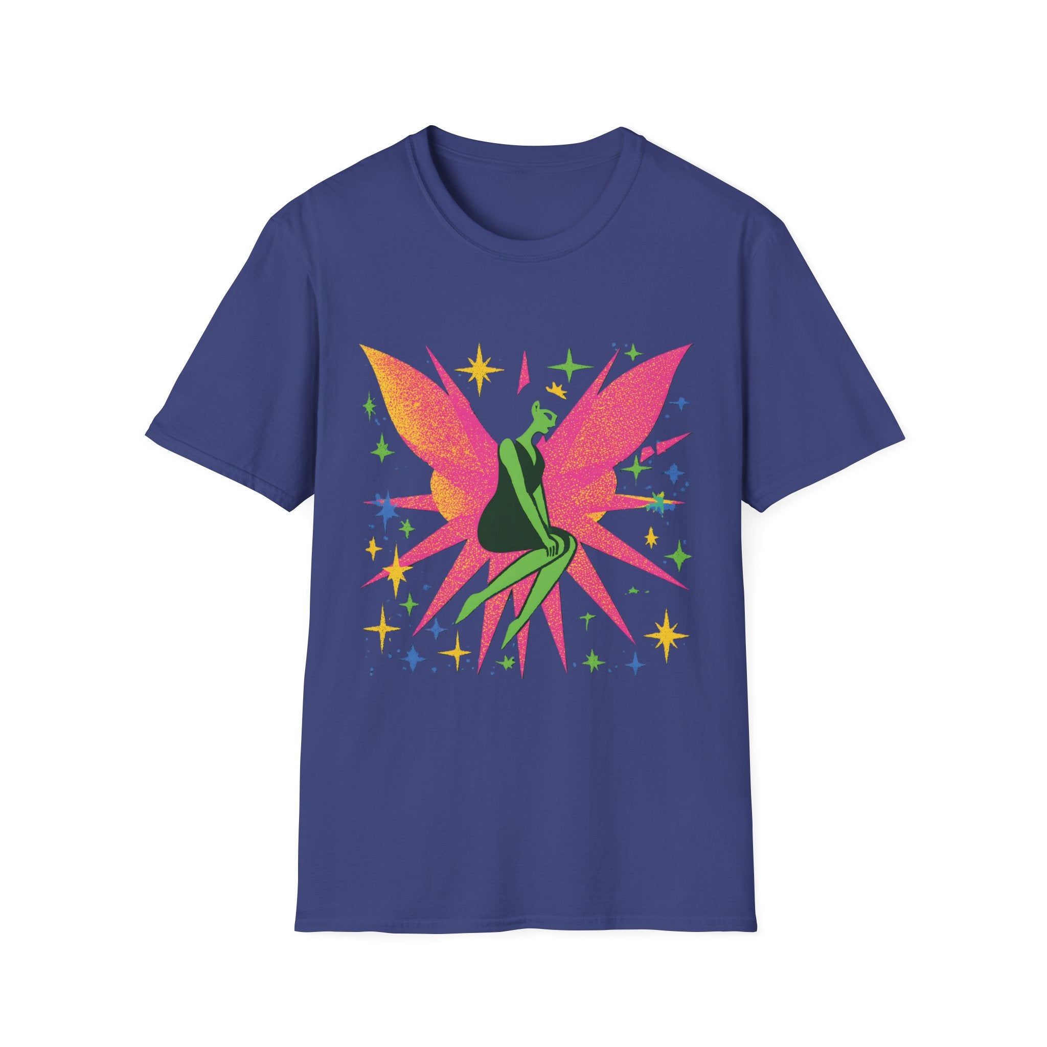 Neon Fairy Silhouette T-Shirt | Pink Wings, Green Figure, Sparkle Stars