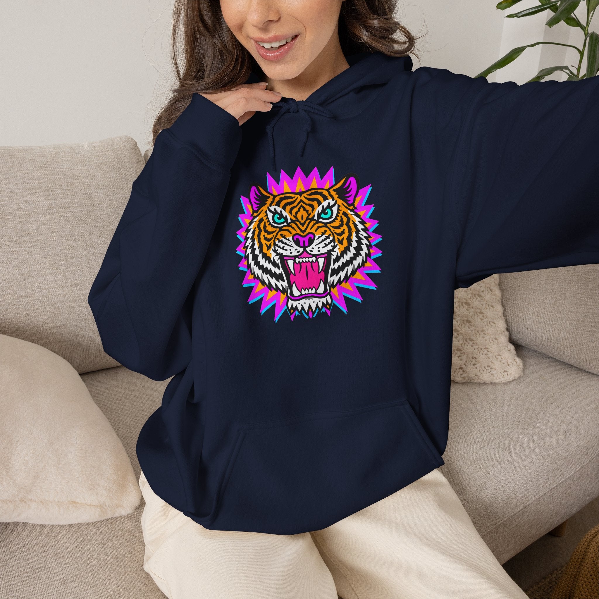 Neon Roaring Tiger Hoodie — Retro Vibrant Tiger Head Graphic