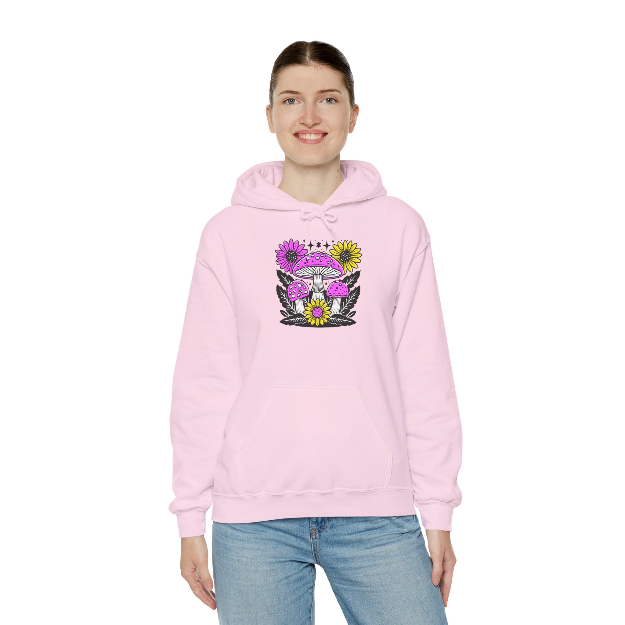 Psychedelic Mushroom Hoodie — Pink & Yellow Floral Shroom Design