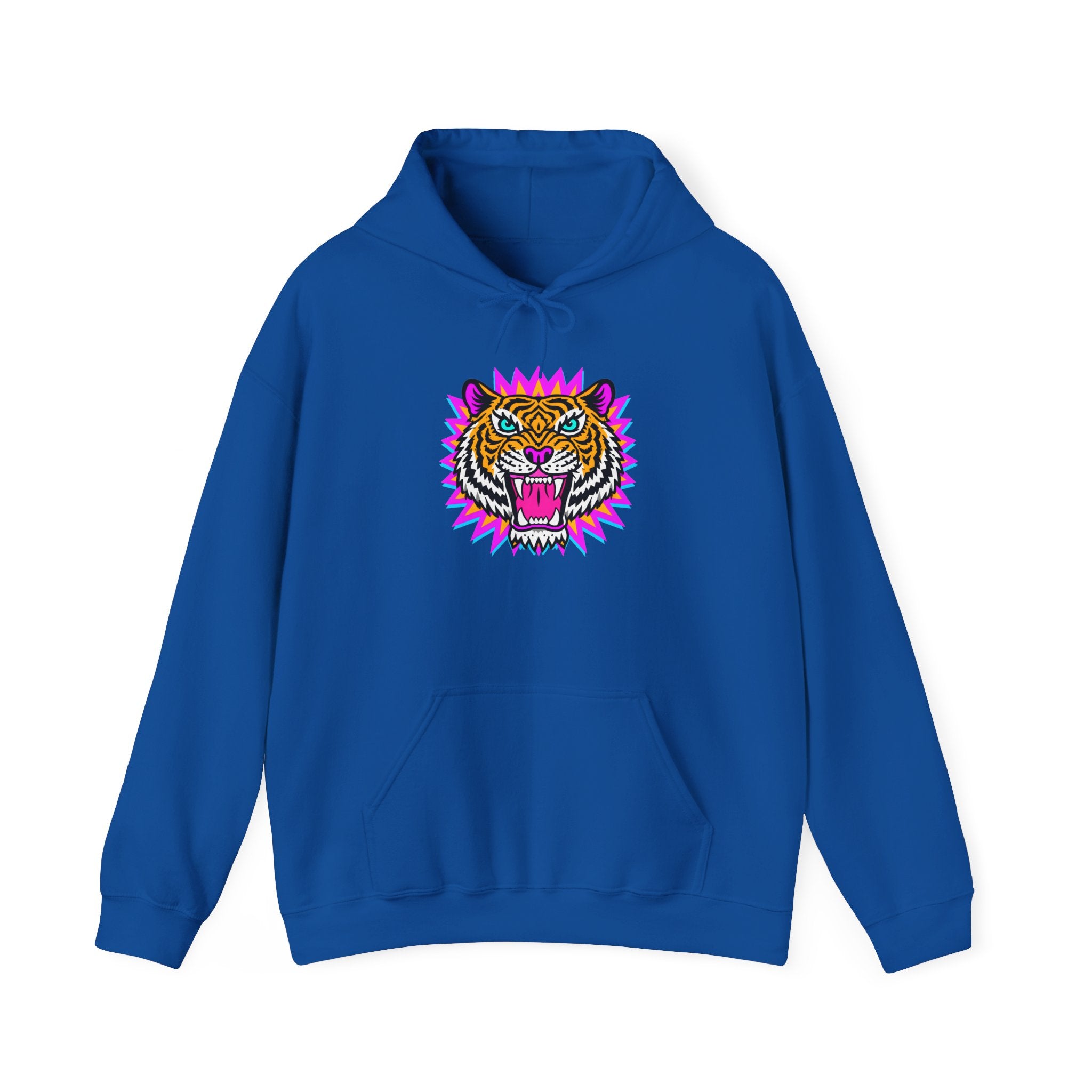 Neon Roaring Tiger Hoodie — Retro Vibrant Tiger Head Graphic