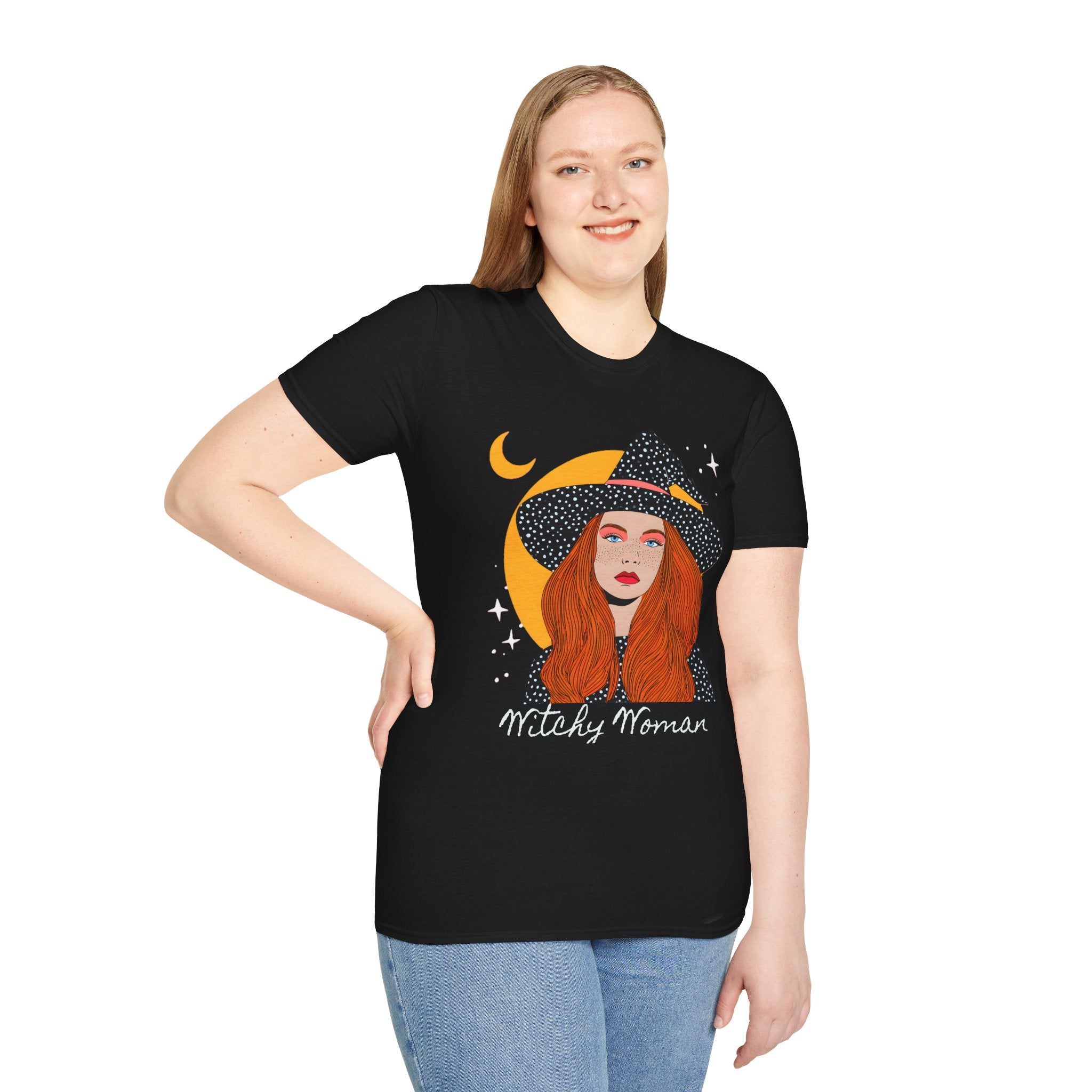Redheaded Witch Illustration T-Shirt | Crescent Moon, Starry Hat, 'Witchy Woman'
