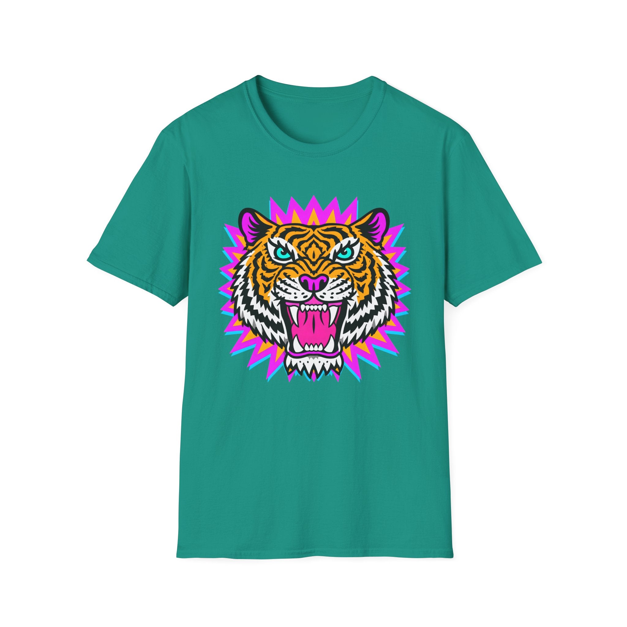 Neon Pop Tiger Head T-Shirt | Retro Tribal Cat Tee