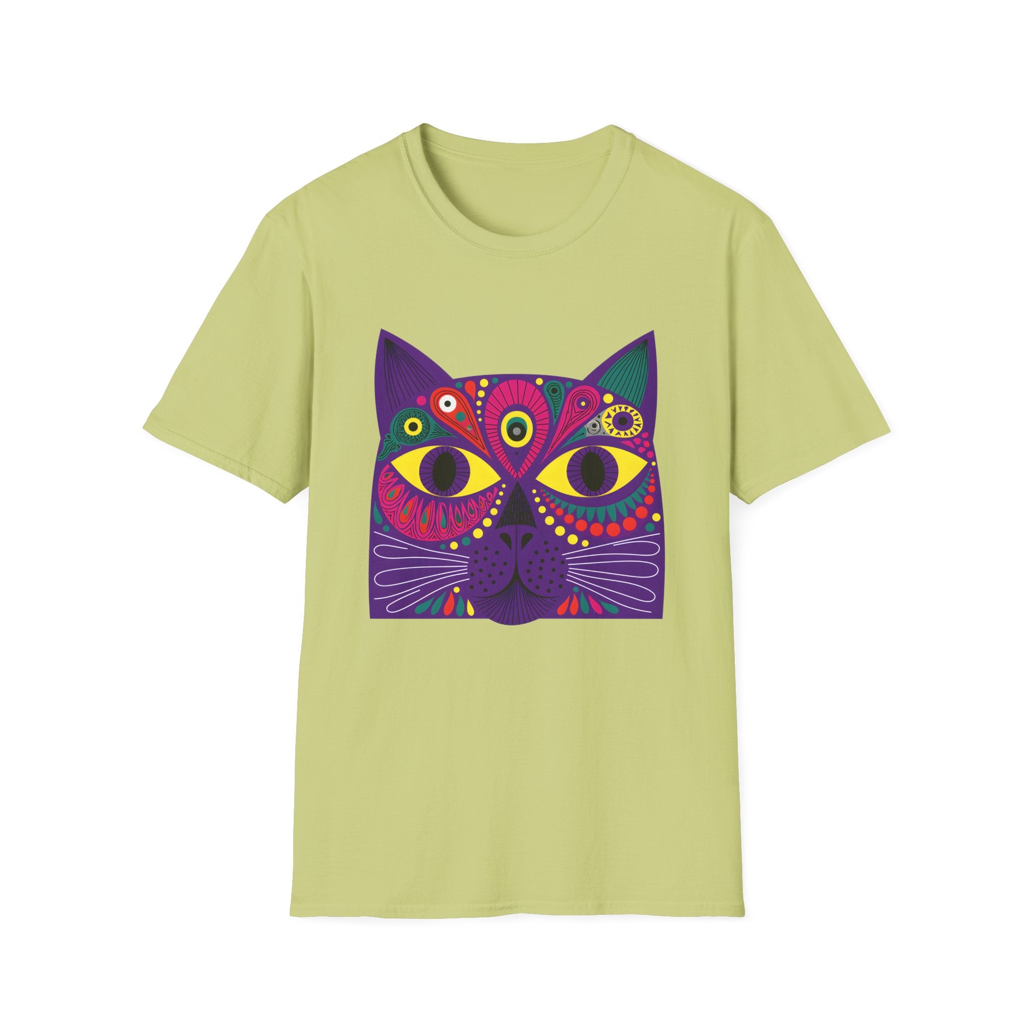 Psychedelic Colorful Cat Face T-Shirt | Vibrant Boho Cat Tee
