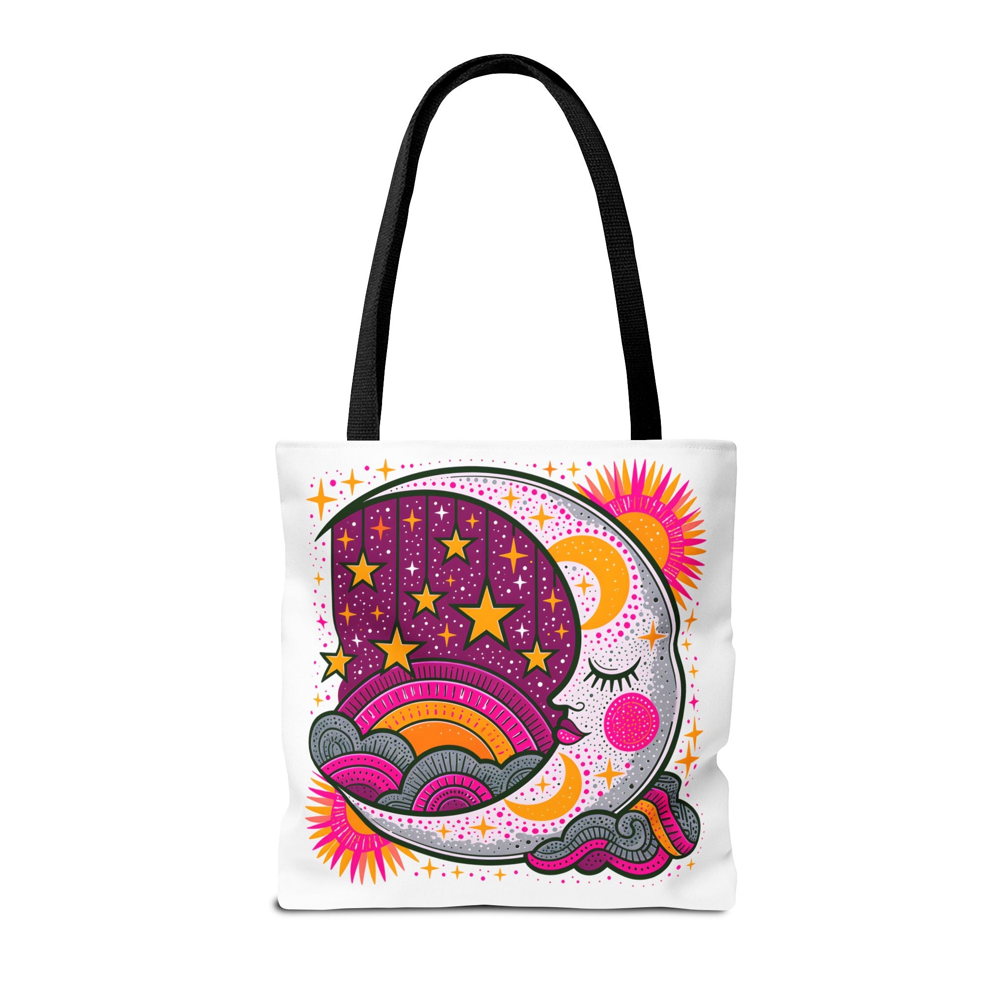 Psychedelic Moon and Stars Tote Bag | Colorful Retro Celestial Design