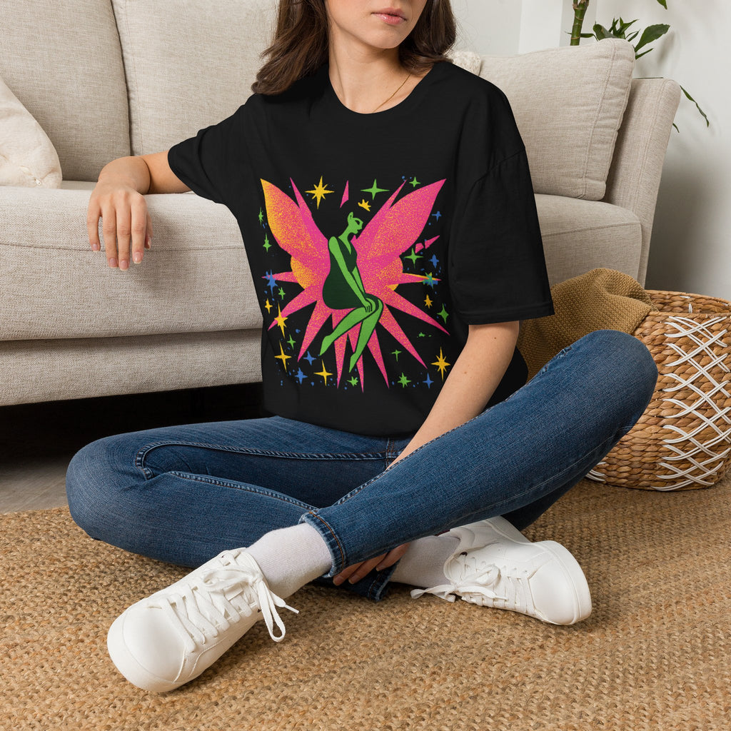 Neon Fairy Silhouette T-Shirt | Pink Wings, Green Figure, Sparkle Stars