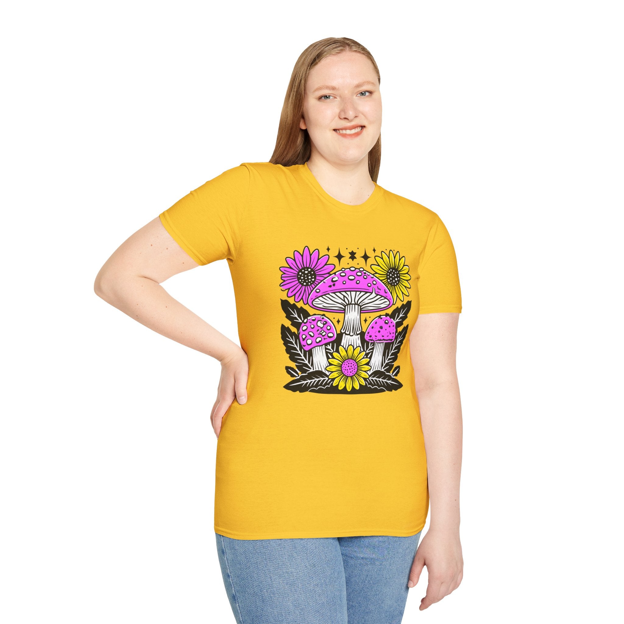 Pink Psychedelic Mushroom T-Shirt | Sunflower Graphic, Retro Mushroom Art