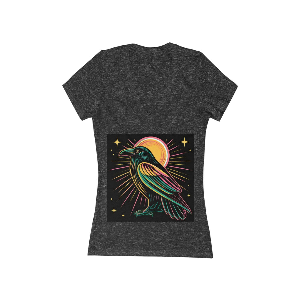 Neon Crow Illustration Tee | Moon Raven Graphic V-Neck Shirt